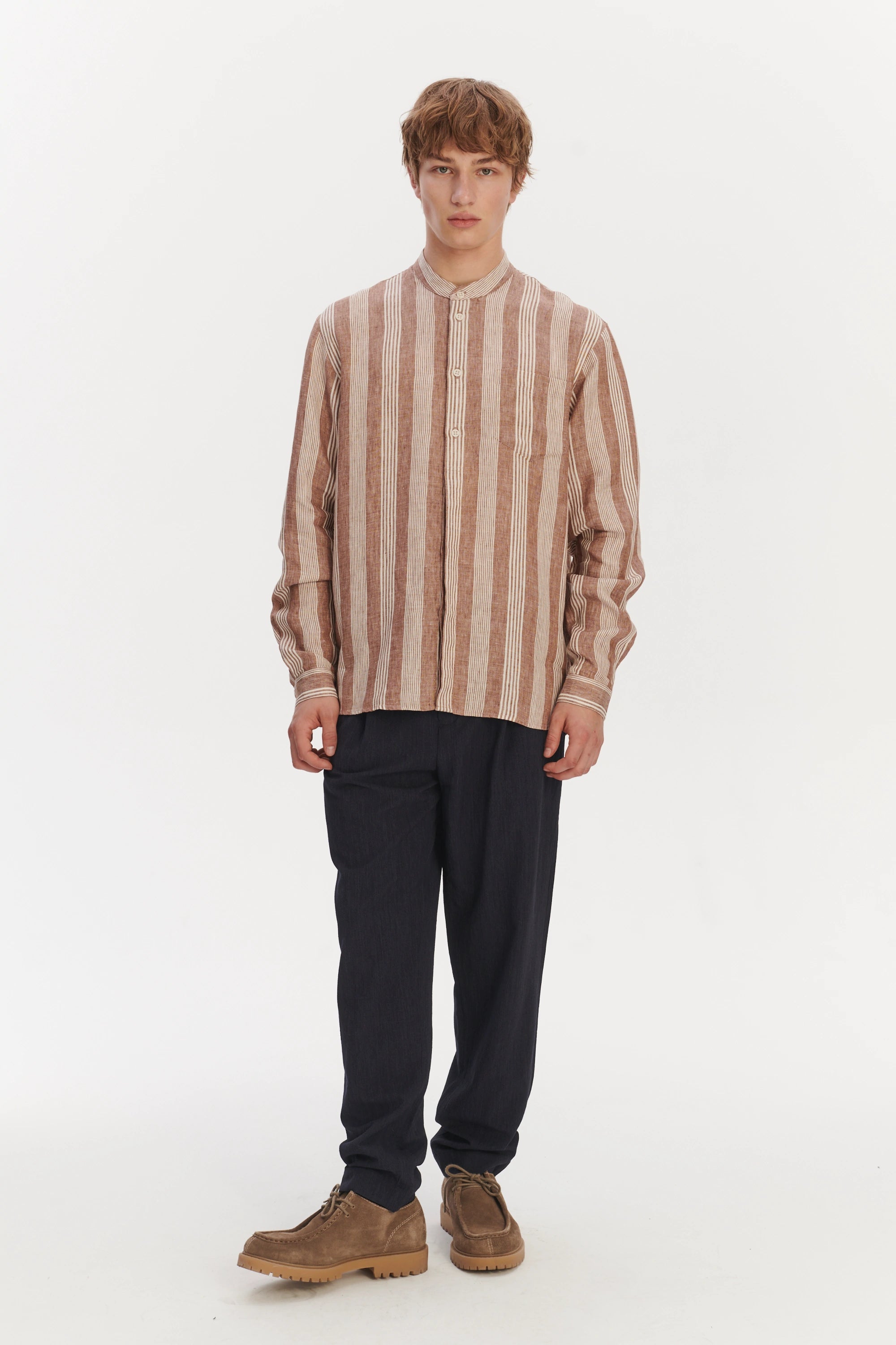 New Zen Grandad Collar Shirt in a Rusty Brown and Beige Striped Italian Linen