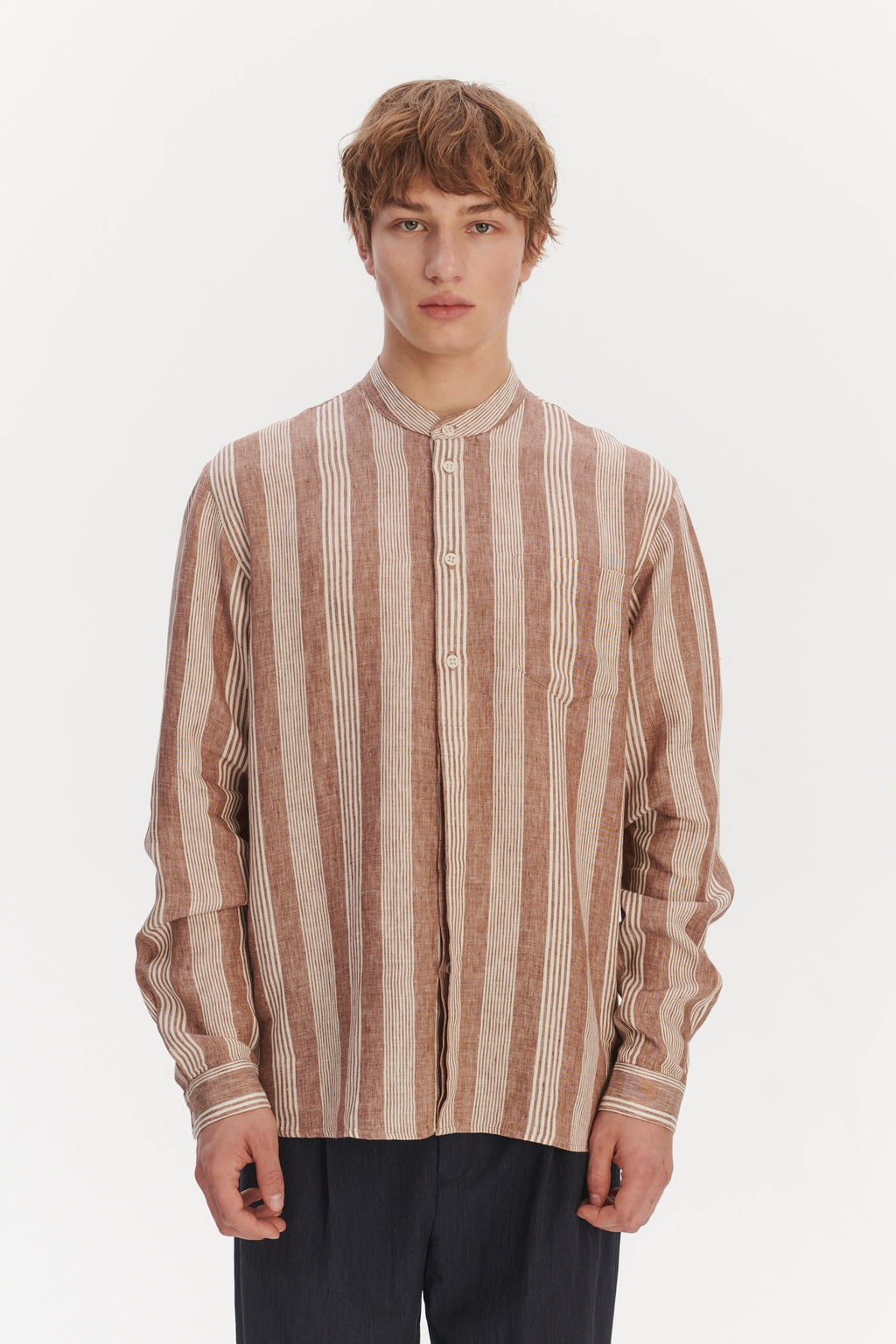 New Zen Grandad Collar Shirt in a Rusty Brown and Beige Striped Italian Linen