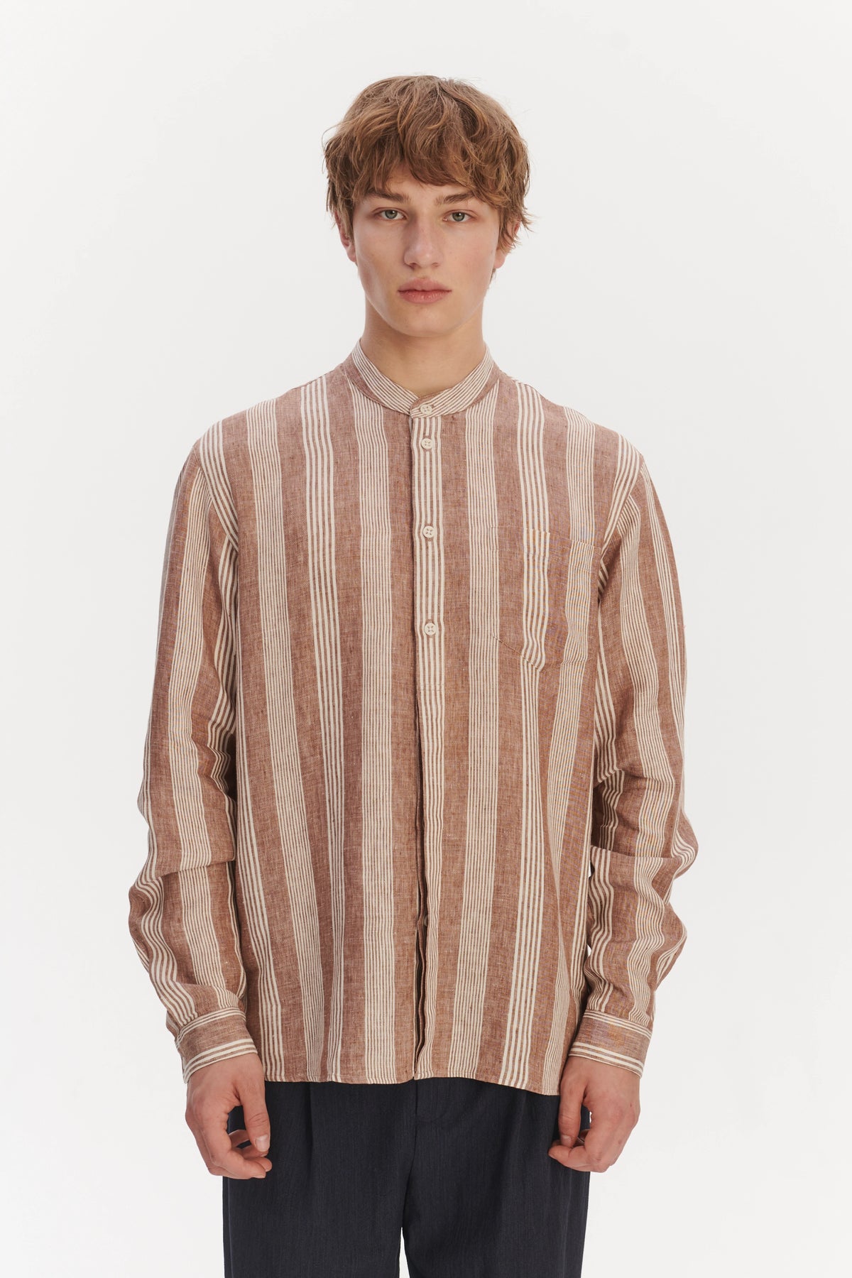 New Zen Grandad Collar Shirt in a Rusty Brown and Beige Striped Italian Linen