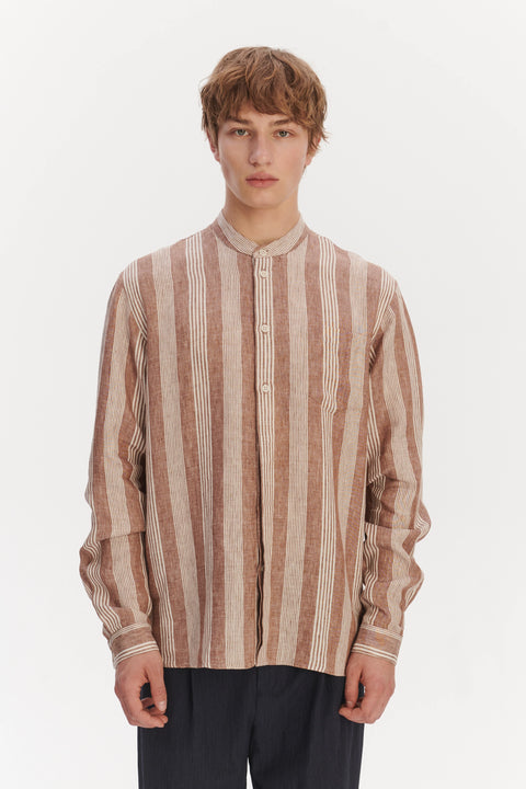 New Zen Grandad Collar Shirt in a Rusty Brown and Beige Striped Italian Linen