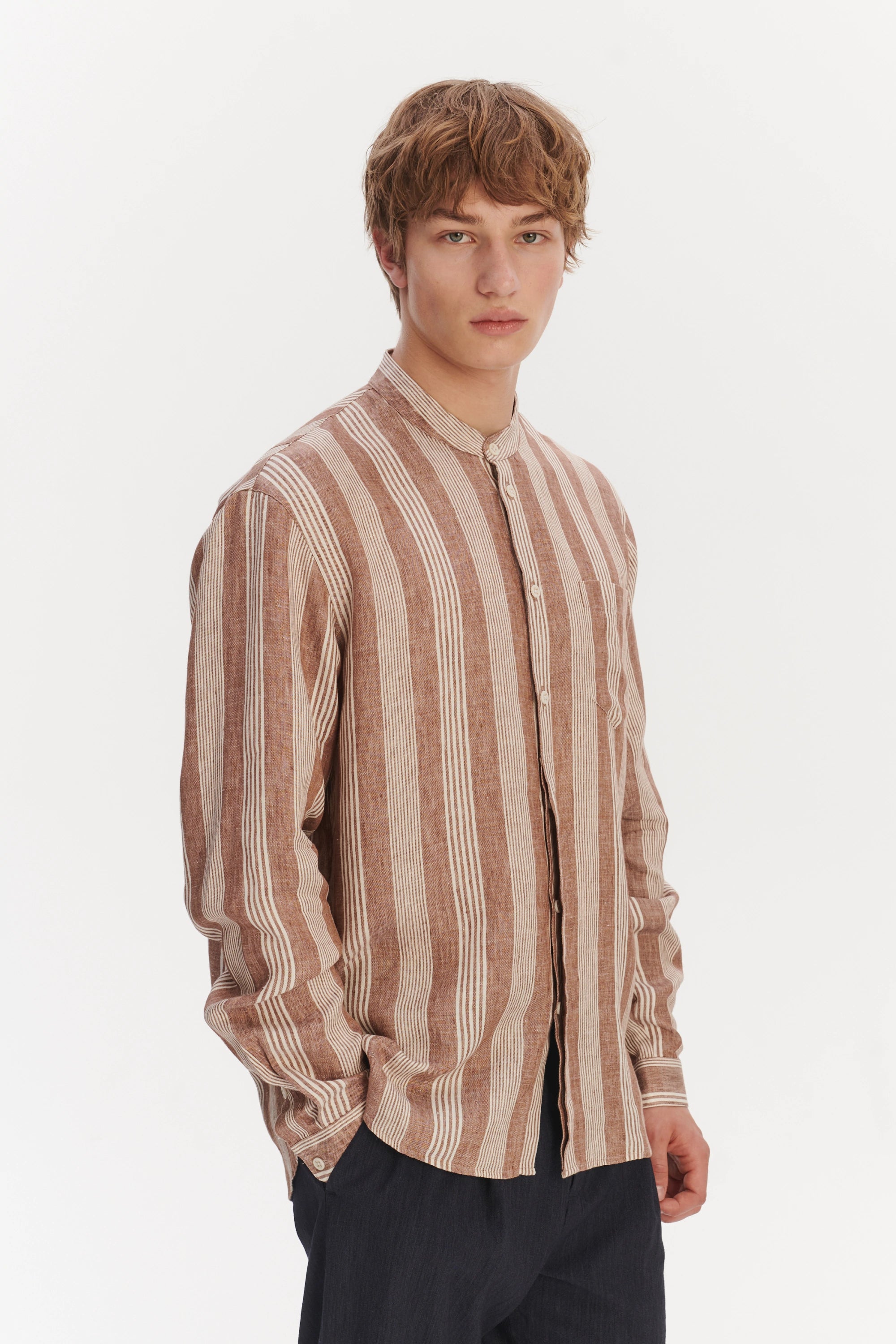 New Zen Grandad Collar Shirt in a Rusty Brown and Beige Striped Italian Linen