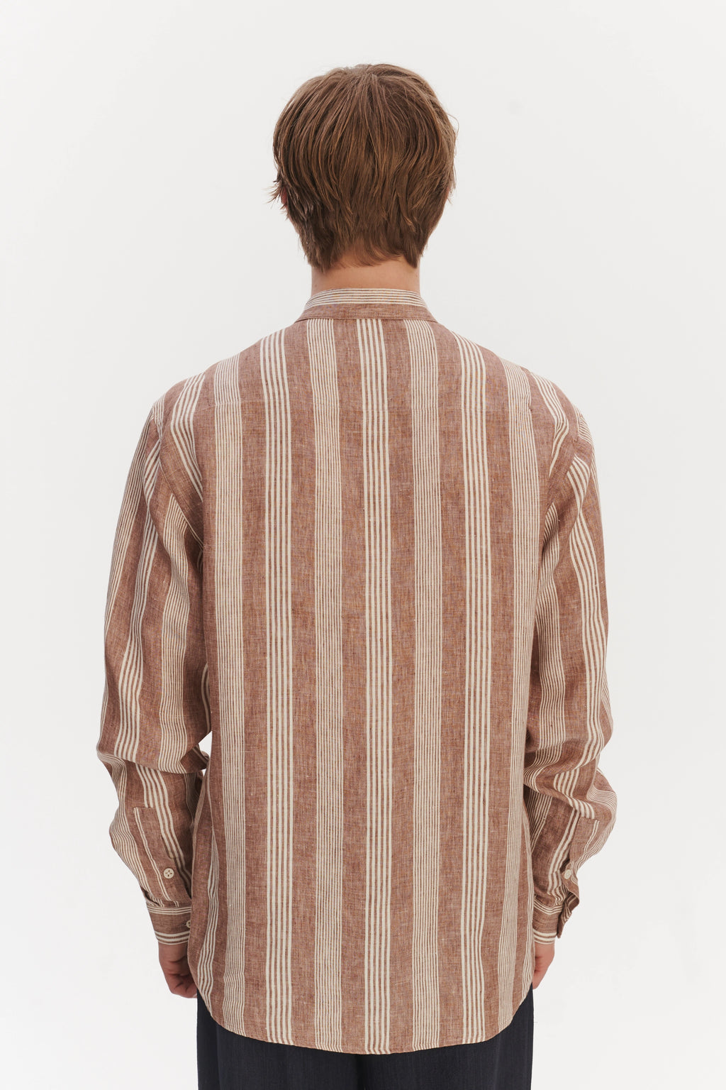 New Zen Grandad Collar Shirt in a Rusty Brown and Beige Striped Italian Linen