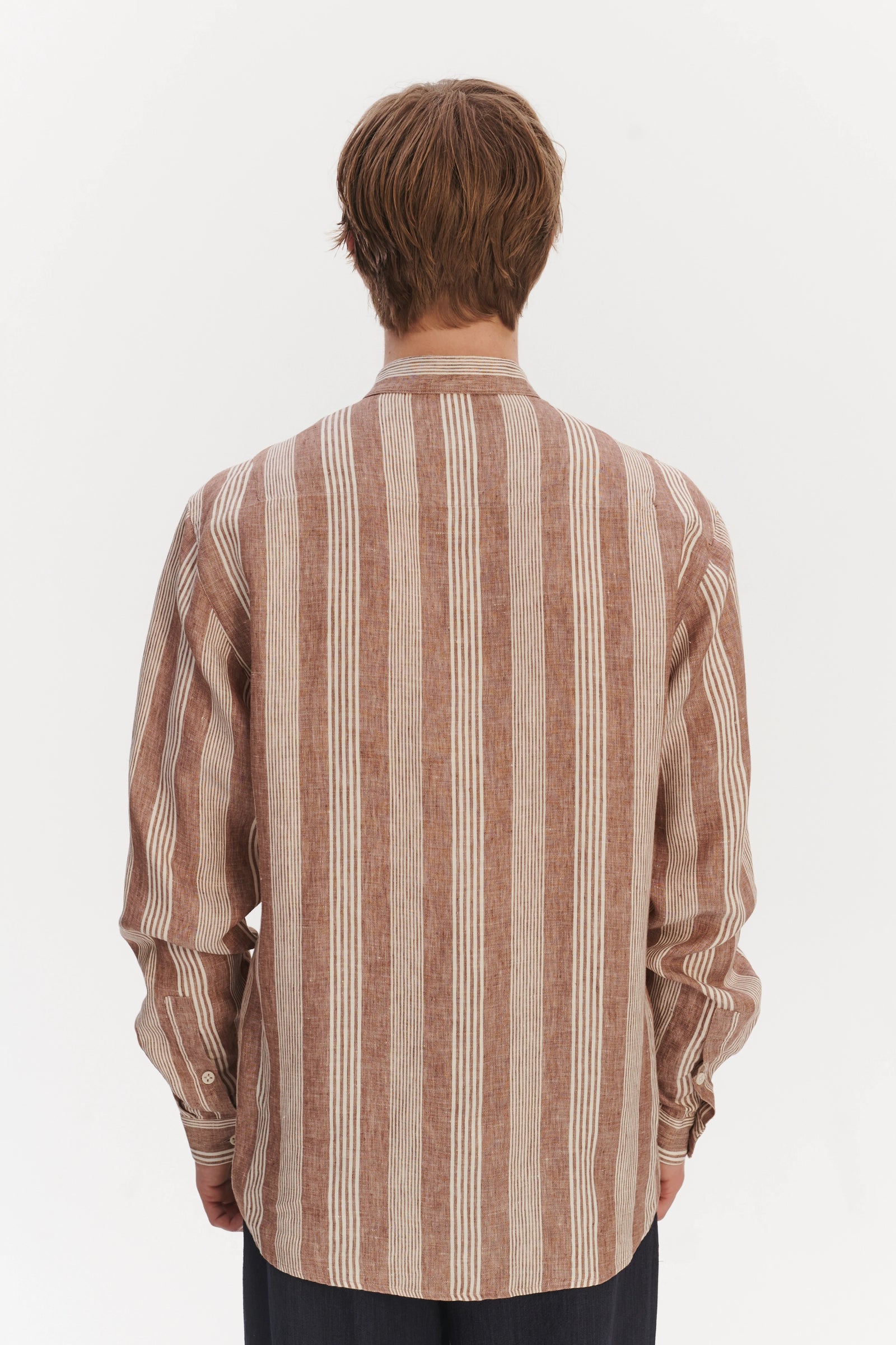 New Zen Grandad Collar Shirt in a Rusty Brown and Beige Striped Italian Linen