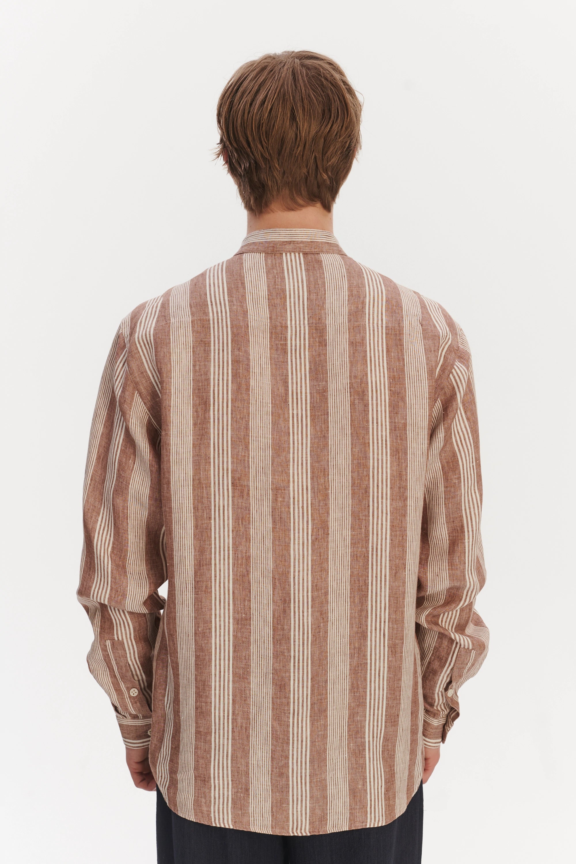 New Zen Grandad Collar Shirt in a Rusty Brown and Beige Striped Italian Linen