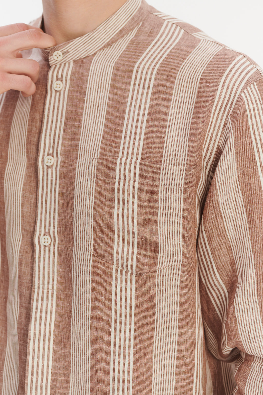 New Zen Grandad Collar Shirt in a Rusty Brown and Beige Striped Italian Linen