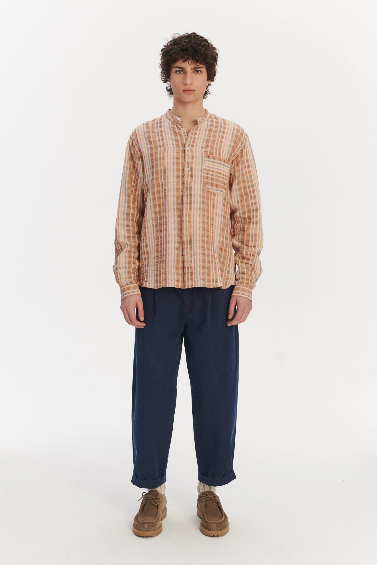 New Zen Grandad Collar Shirt in a Beige, Orange and Brown Striped Fine Portuguese Linen and Cotton