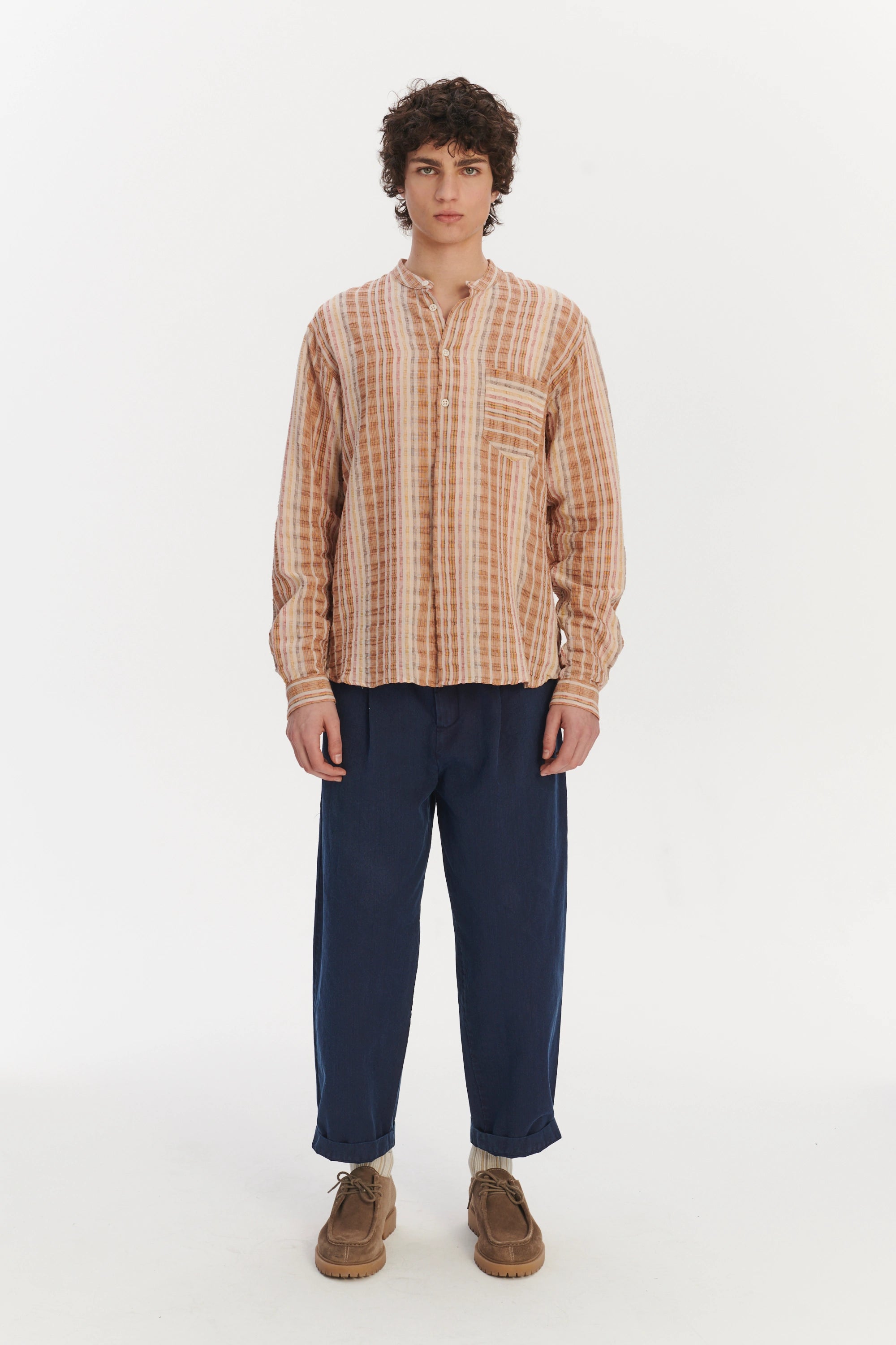 New Zen Grandad Collar Shirt in a Beige, Orange and Brown Striped Fine Portuguese Linen and Cotton