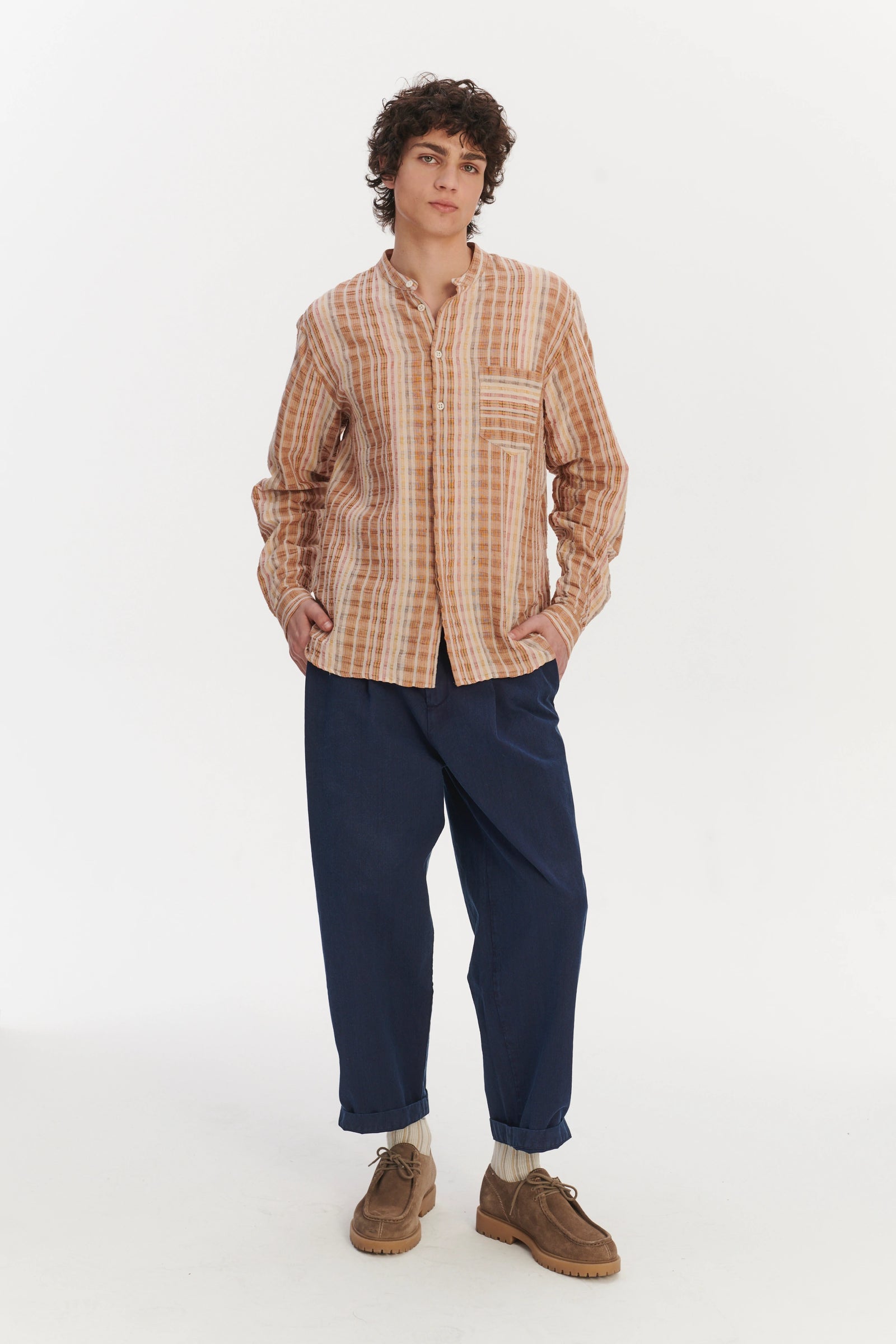 New Zen Grandad Collar Shirt in a Beige, Orange and Brown Striped Portuguese Linen and Cotton