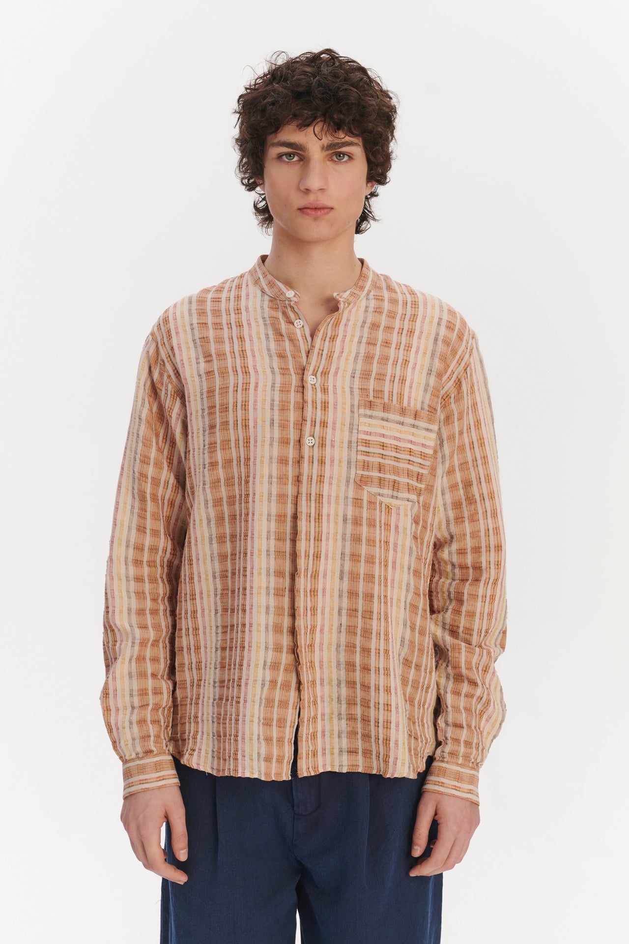 New Zen Grandad Collar Shirt in a Beige, Orange and Brown Striped Portuguese Linen and Cotton