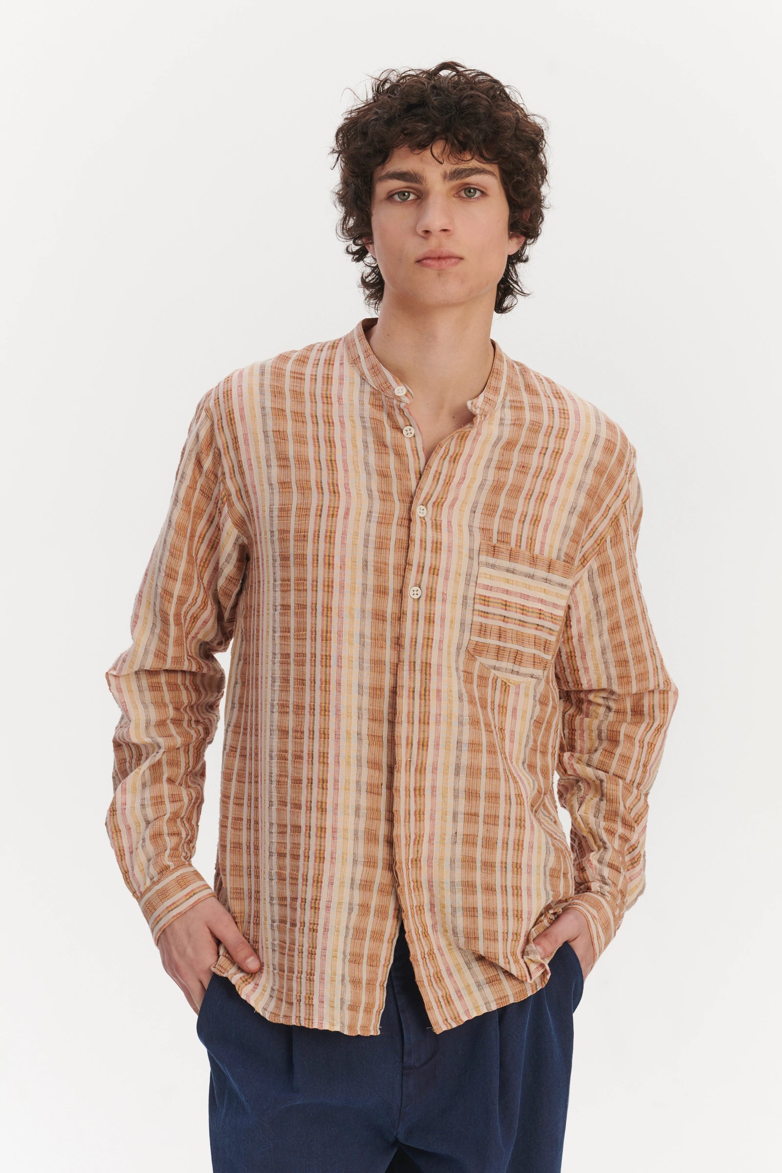 New Zen Grandad Collar Shirt in a Beige, Orange and Brown Striped Portuguese Linen and Cotton