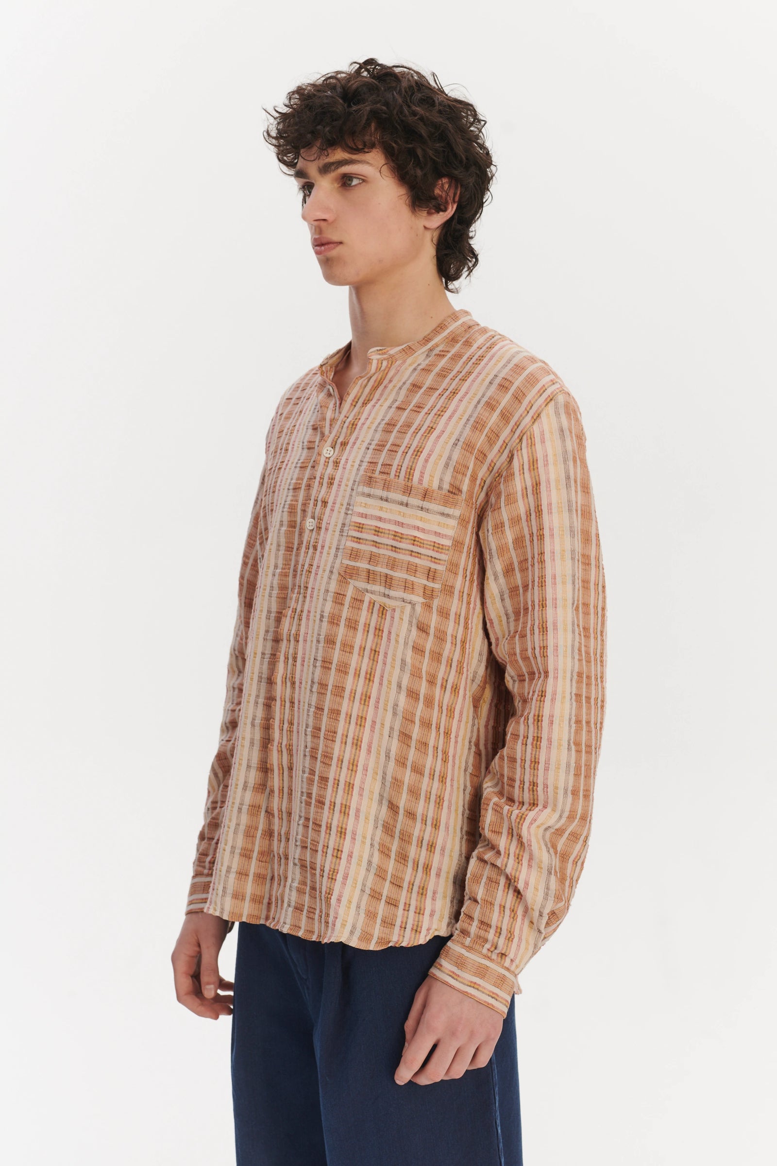 New Zen Grandad Collar Shirt in a Beige, Orange and Brown Striped Portuguese Linen and Cotton
