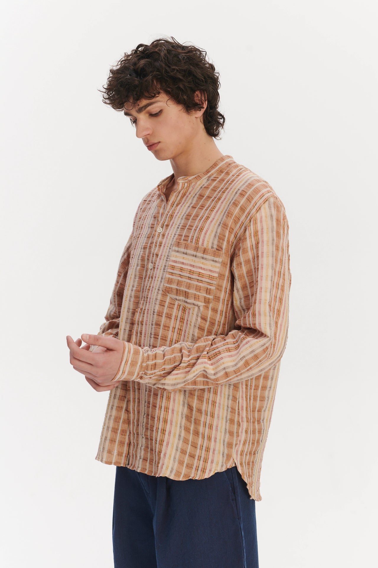 New Zen Grandad Collar Shirt in a Beige, Orange and Brown Striped Portuguese Linen and Cotton
