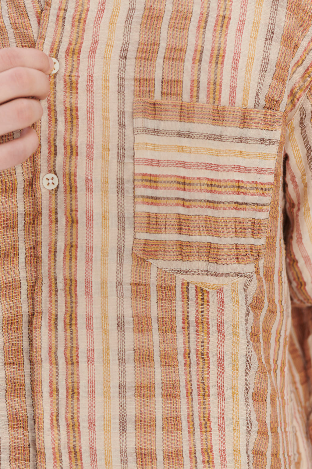 New Zen Grandad Collar Shirt in a Beige, Orange and Brown Striped Portuguese Linen and Cotton