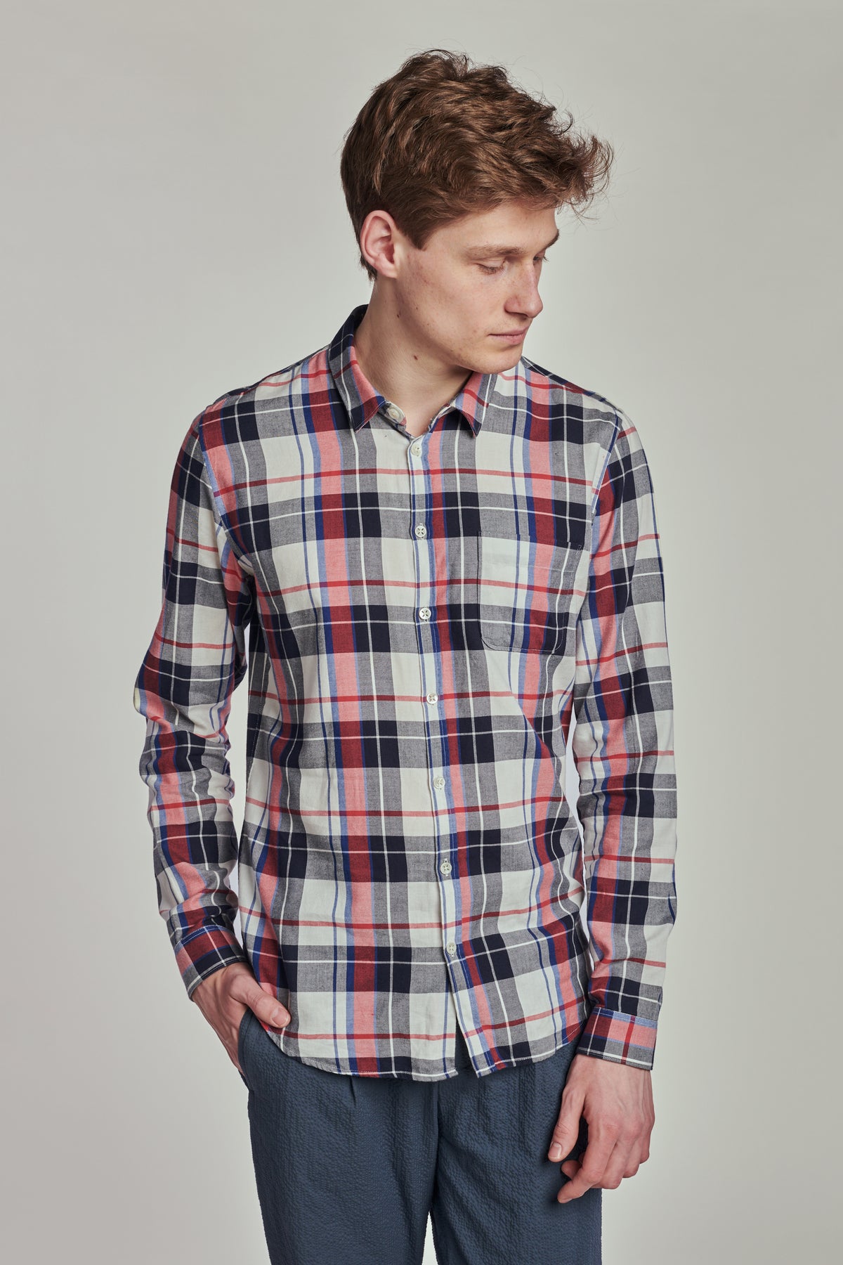 Proper Shirt in a Red, Black, Dark Blue and White Chequered Japanese Cotton Flannel