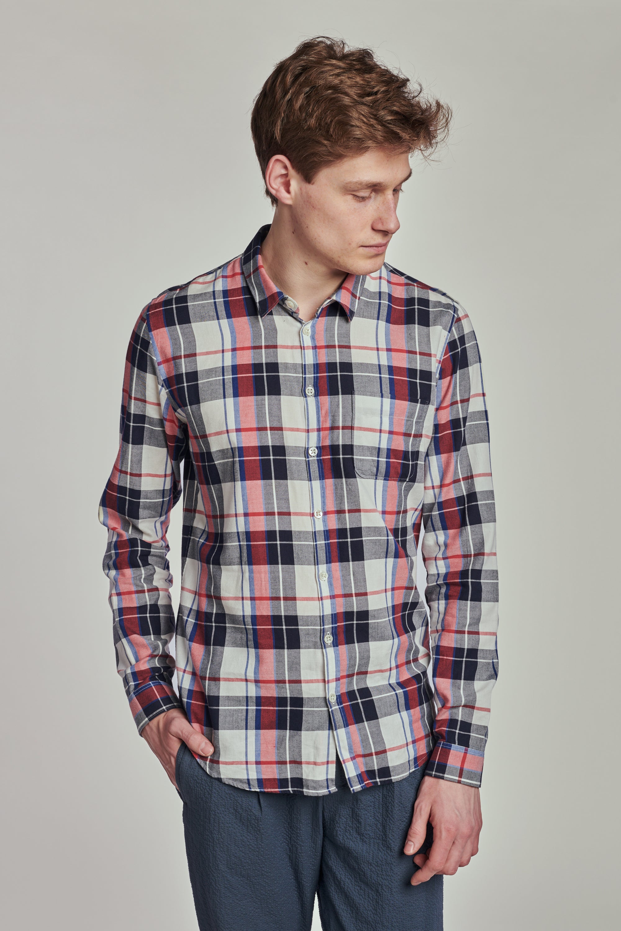Proper Shirt in a Red, Black, Dark Blue and White Chequered Japanese Cotton Flannel