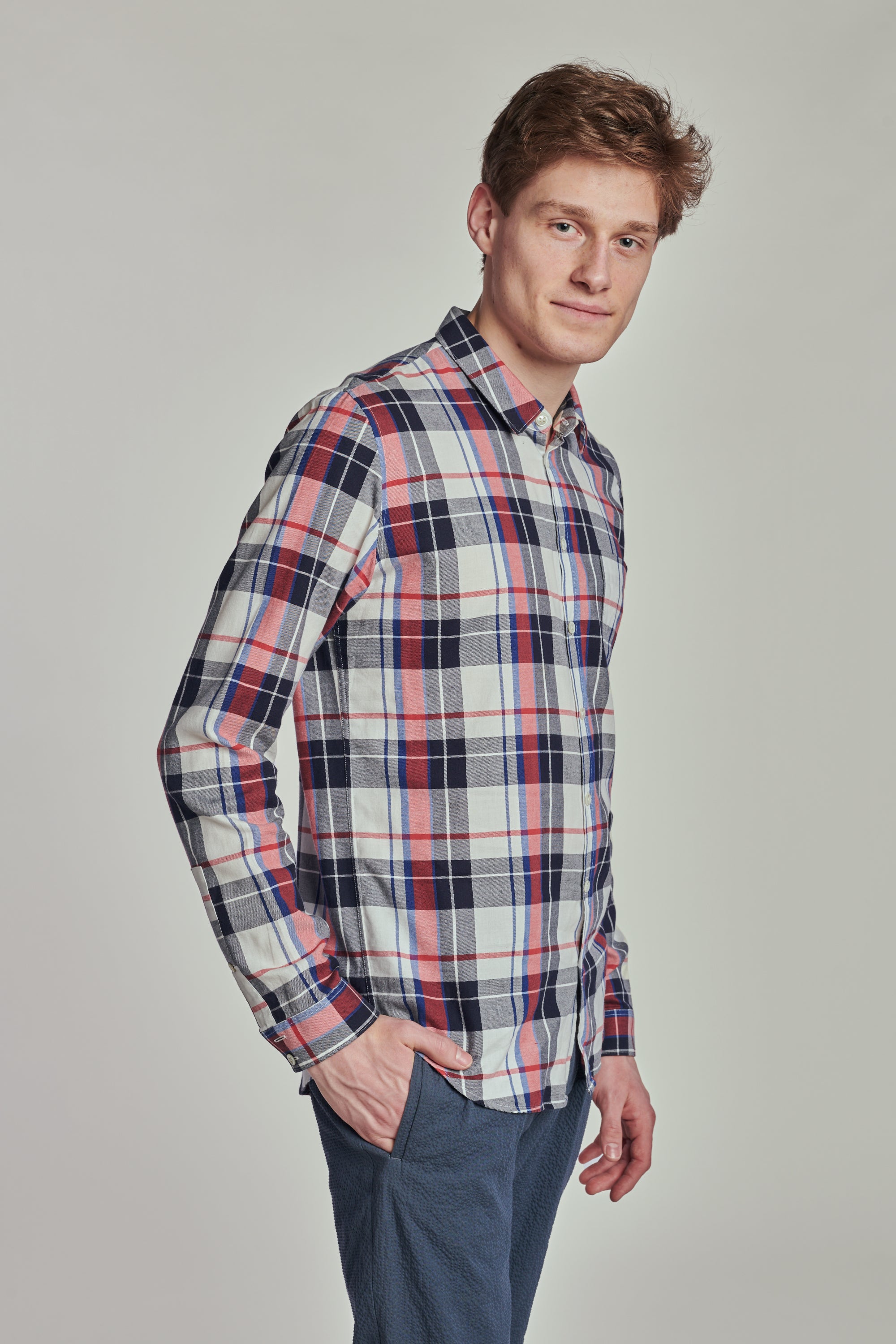Proper Shirt in a Red, Black, Dark Blue and White Chequered Japanese Cotton Flannel