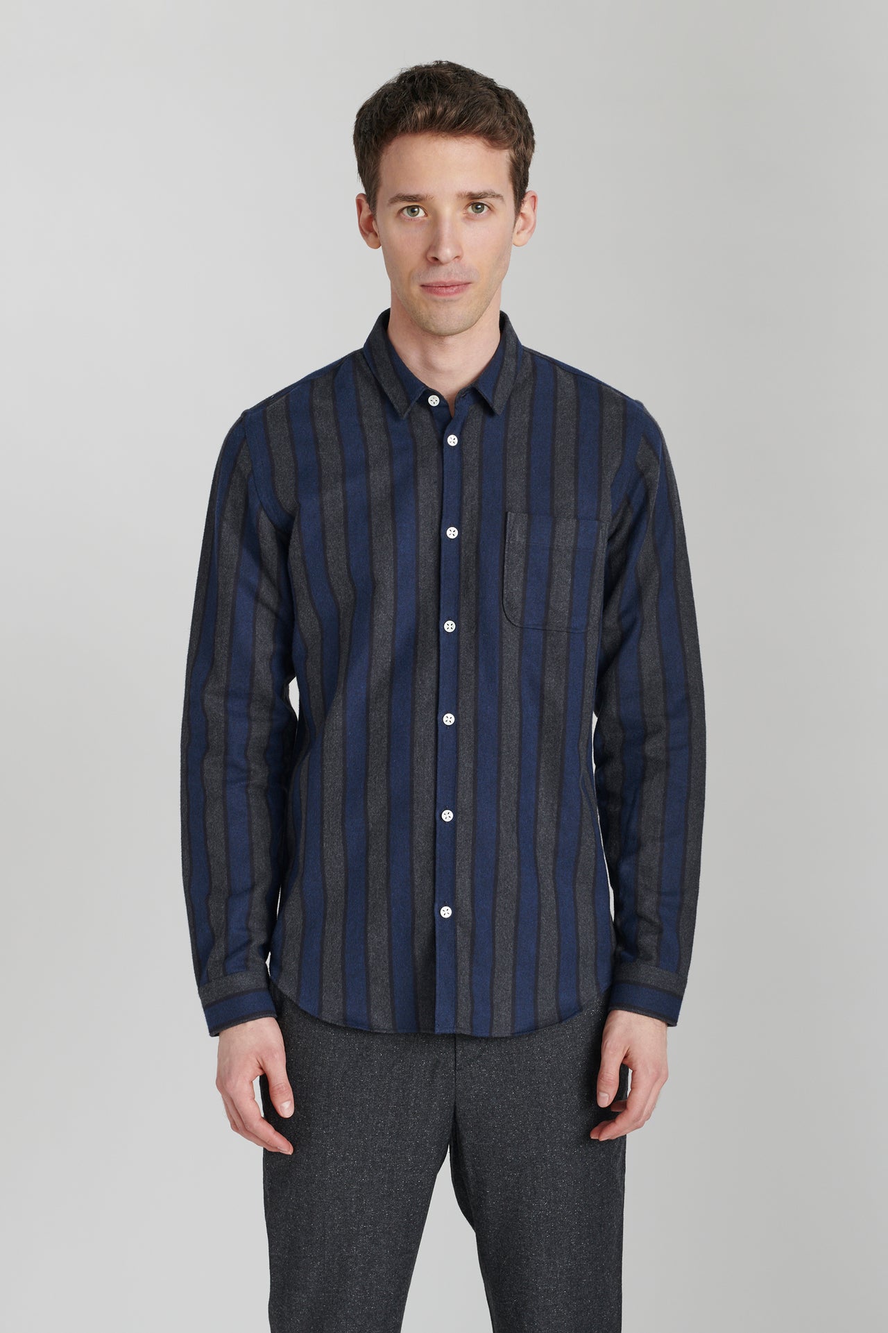 Proper Shirt in a Navy Blue Striped Brushed Soft Italian Cotton Flannel