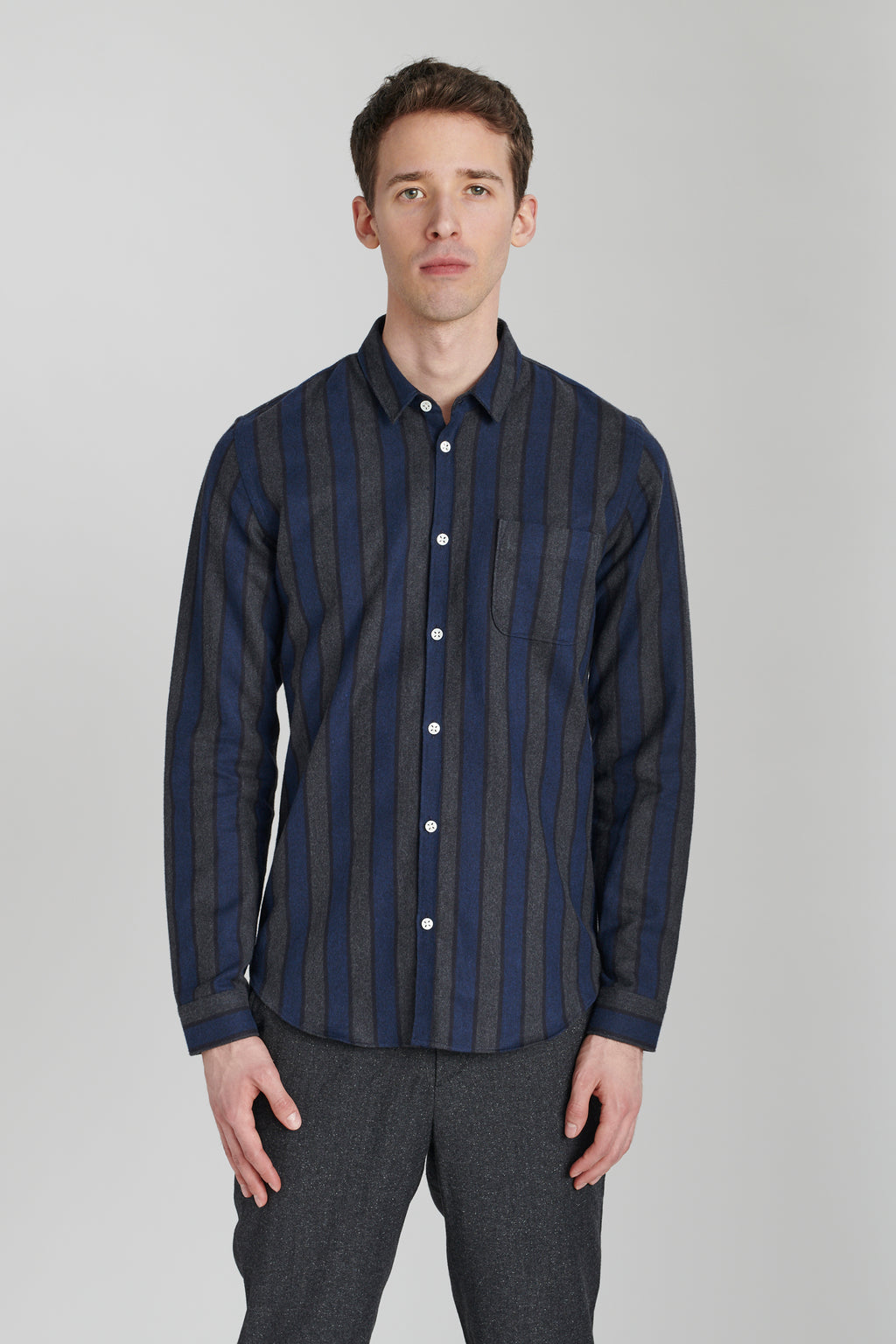 Proper Shirt in a Navy Blue Striped Brushed Soft Italian Cotton Flannel