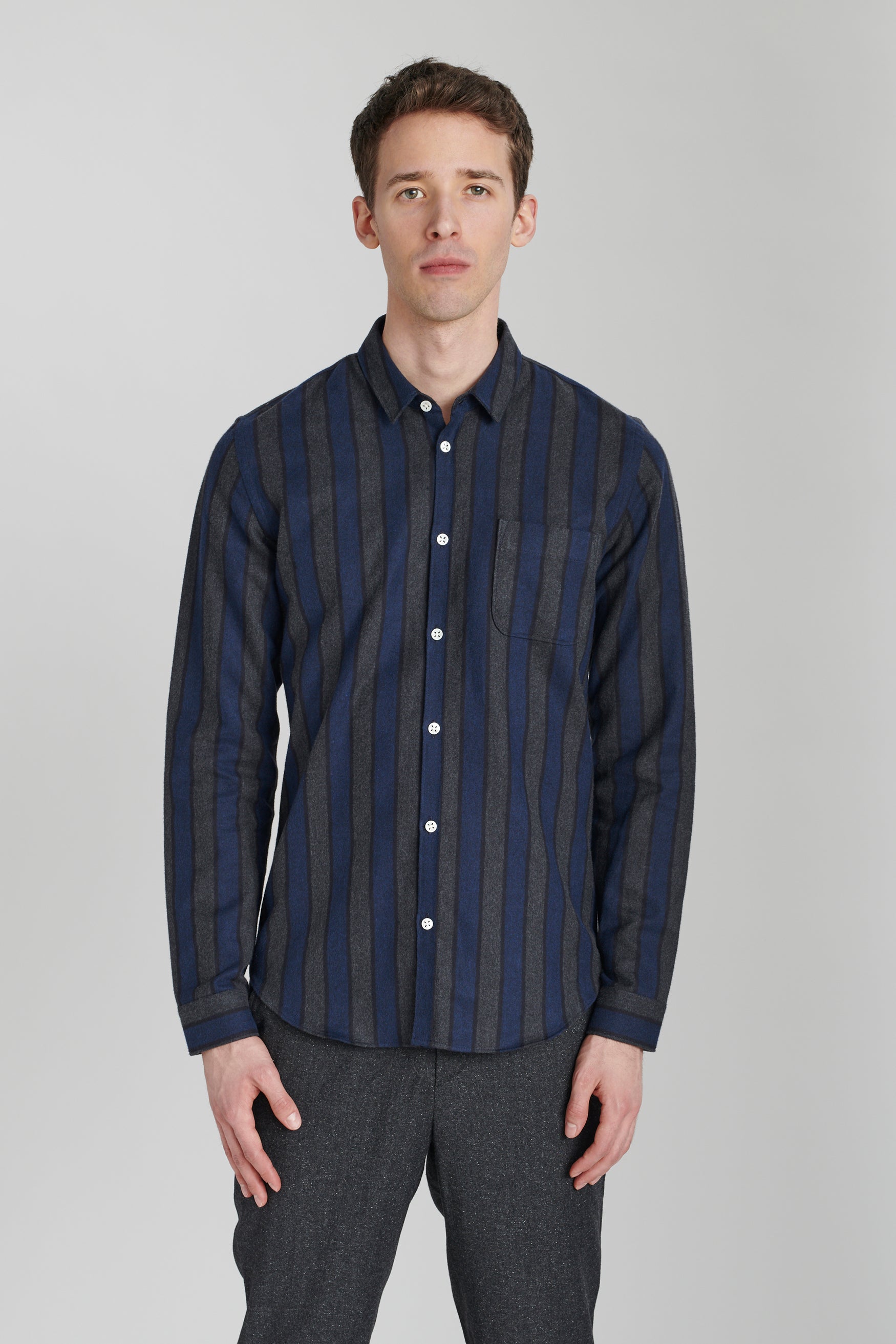 Proper Shirt in a Navy Blue Striped Brushed Soft Italian Cotton Flannel