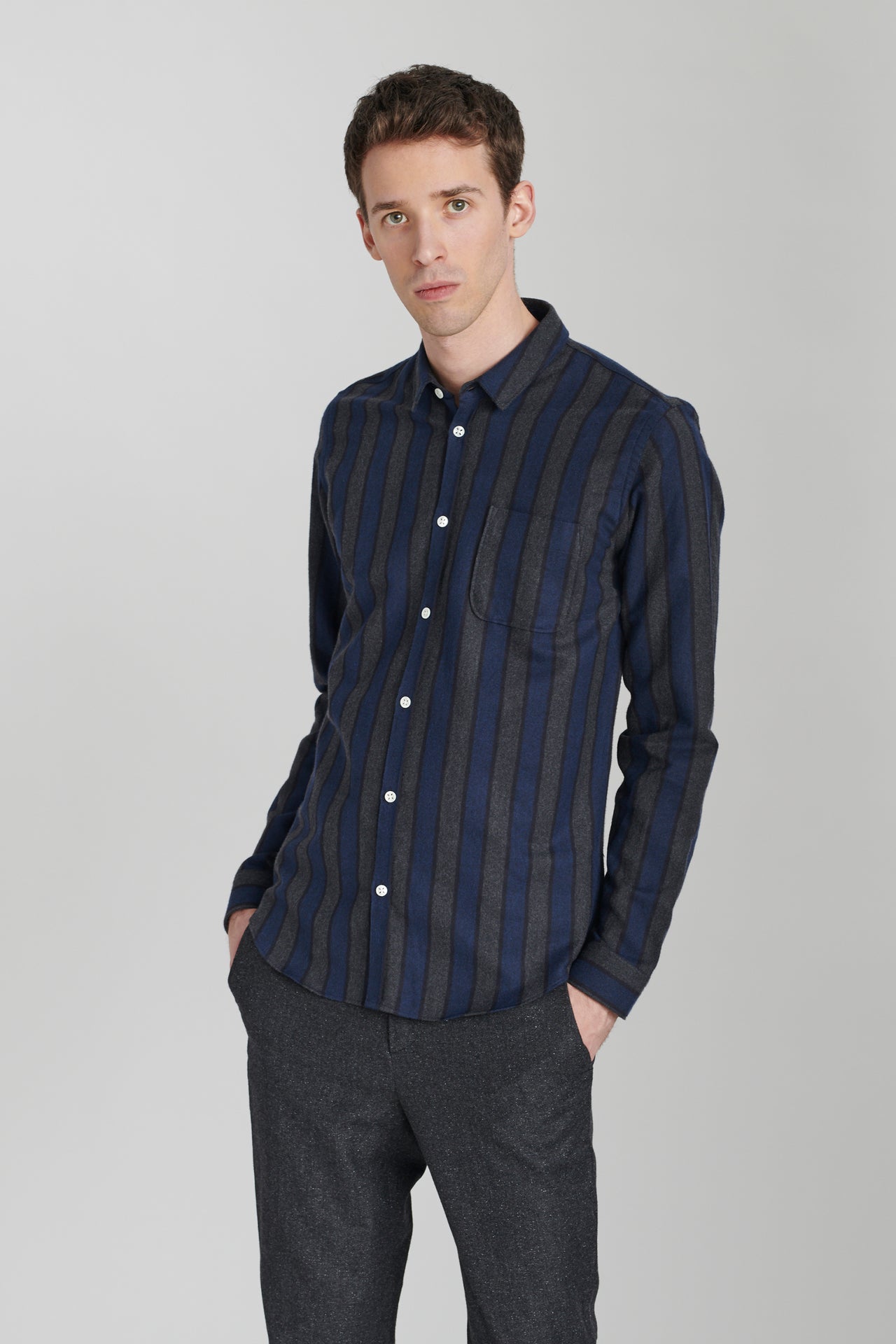 Proper Shirt in a Navy Blue Striped Brushed Soft Italian Cotton Flannel