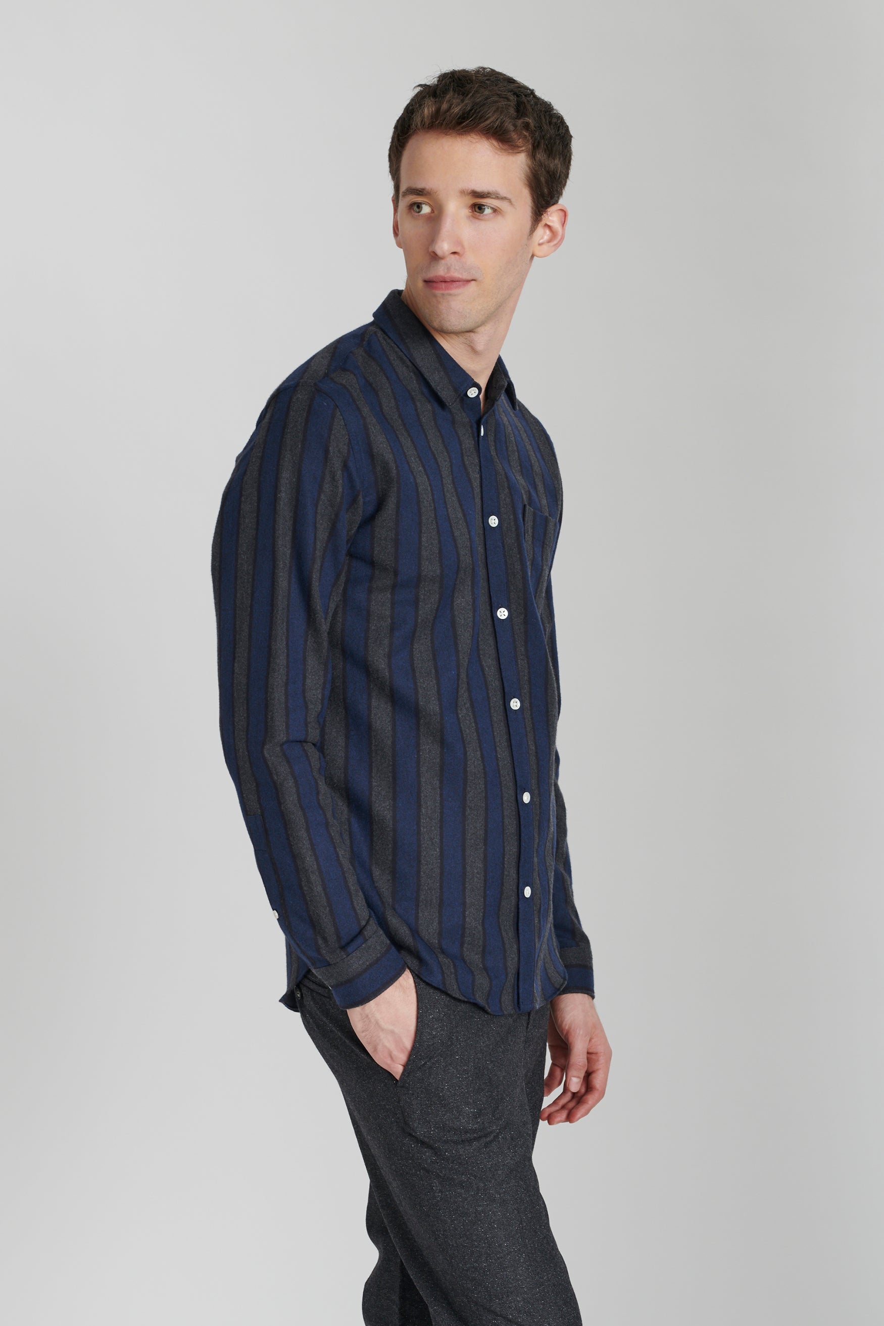 Proper Shirt in a Navy Blue Striped Brushed Soft Italian Cotton Flannel