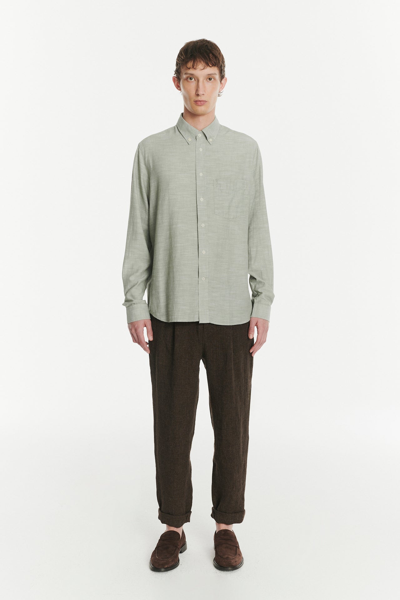 Button Down Shirt in an Airy Olive Green Italian Recycled Cotton