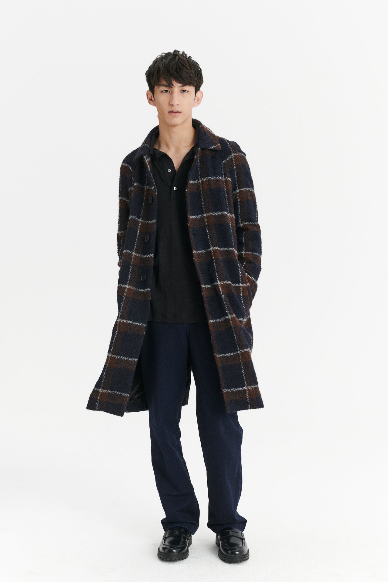 Raglan Coat in a Brown and Navy Chequered Italian Virgin and Alpaca  Bouclé Wool and Meida Thermo Insulation
