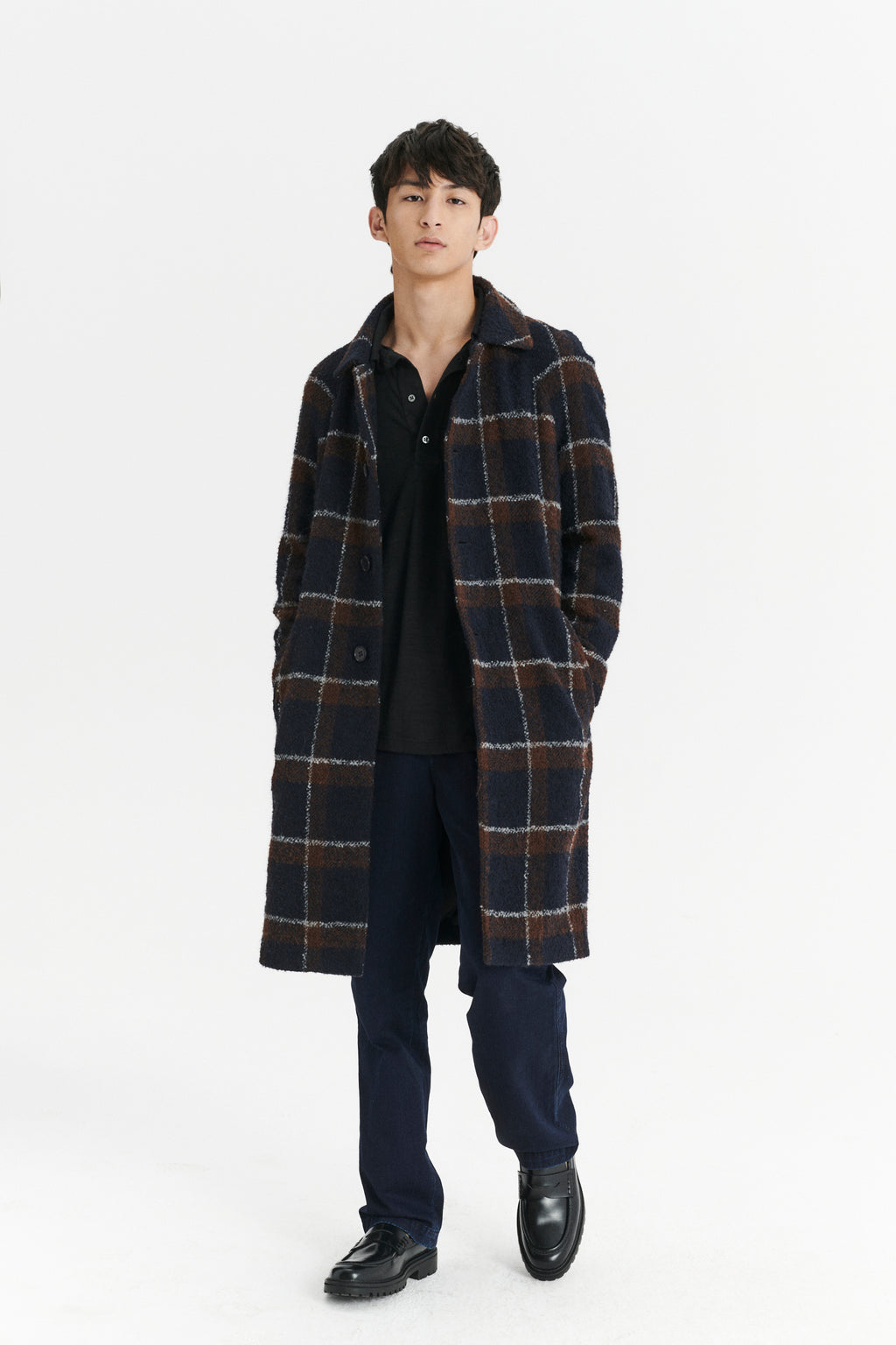 Raglan Coat in a Brown and Navy Chequered Italian Virgin and Alpaca Bouclé Wool and MEIDA Thermo Insulation