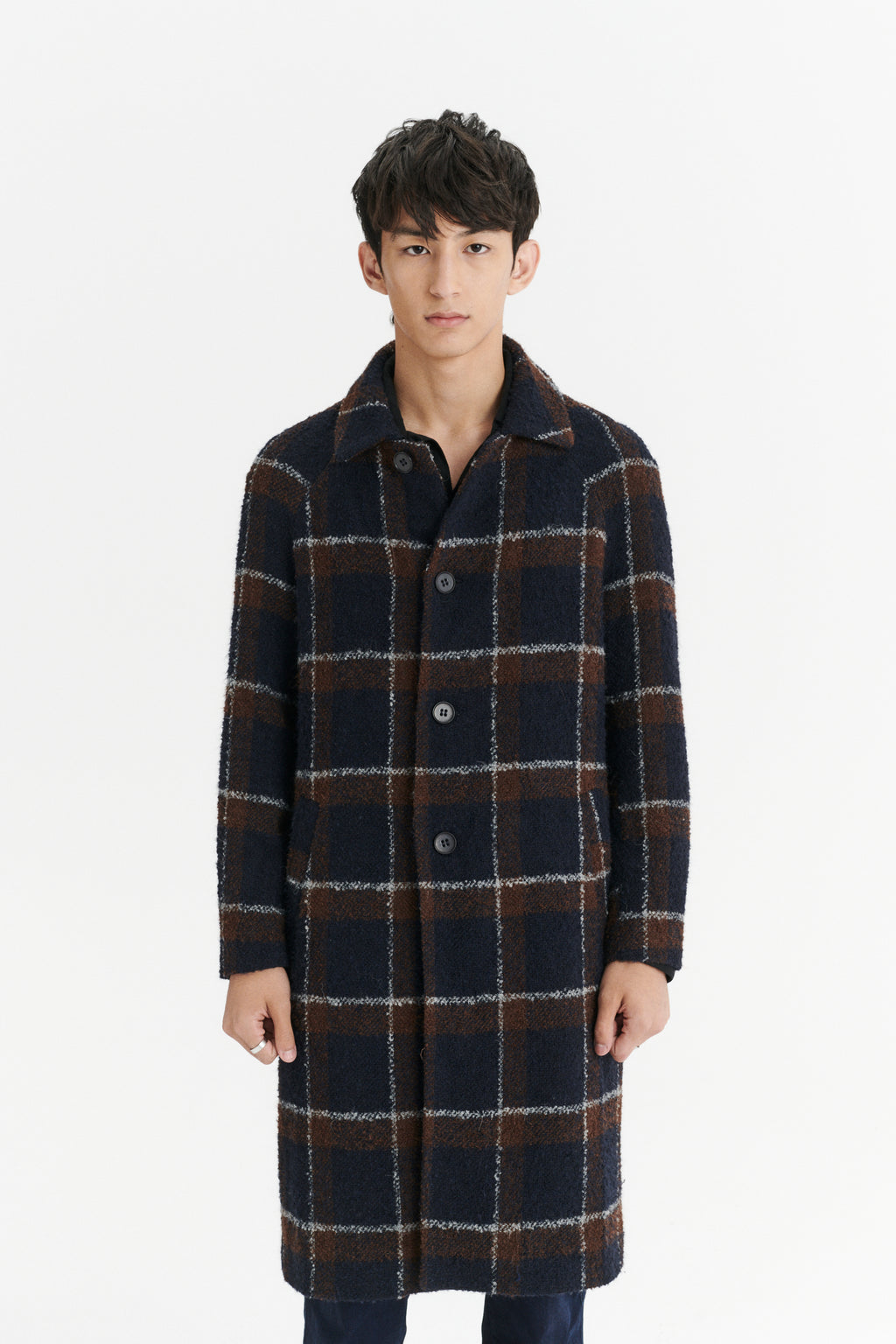 Raglan Coat in a Brown and Navy Chequered Italian Virgin and Alpaca Bouclé Wool and MEIDA Thermo Insulation