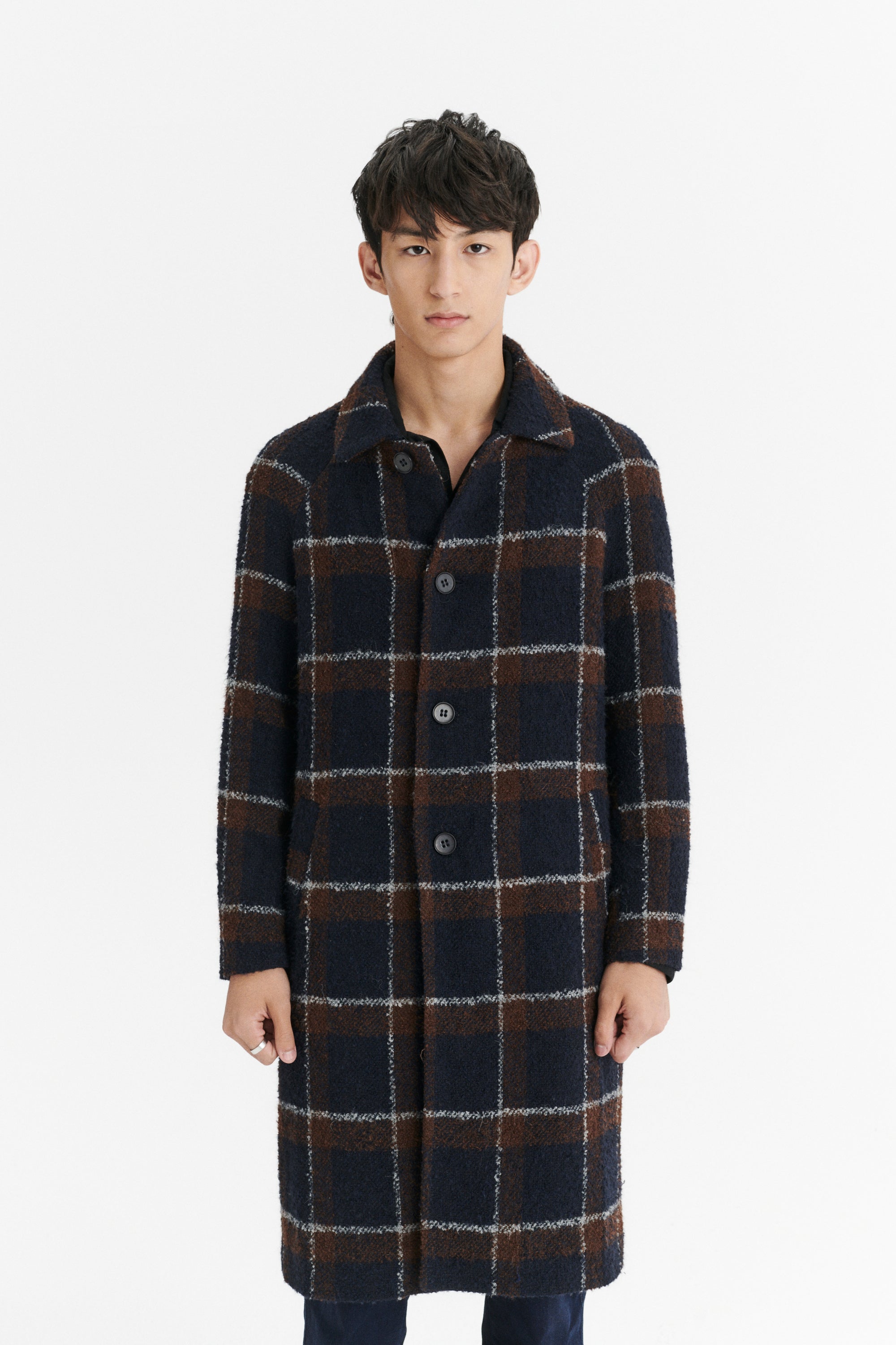 Raglan Coat in a Brown and Navy Chequered Italian Virgin and Alpaca Bouclé Wool and MEIDA Thermo Insulation
