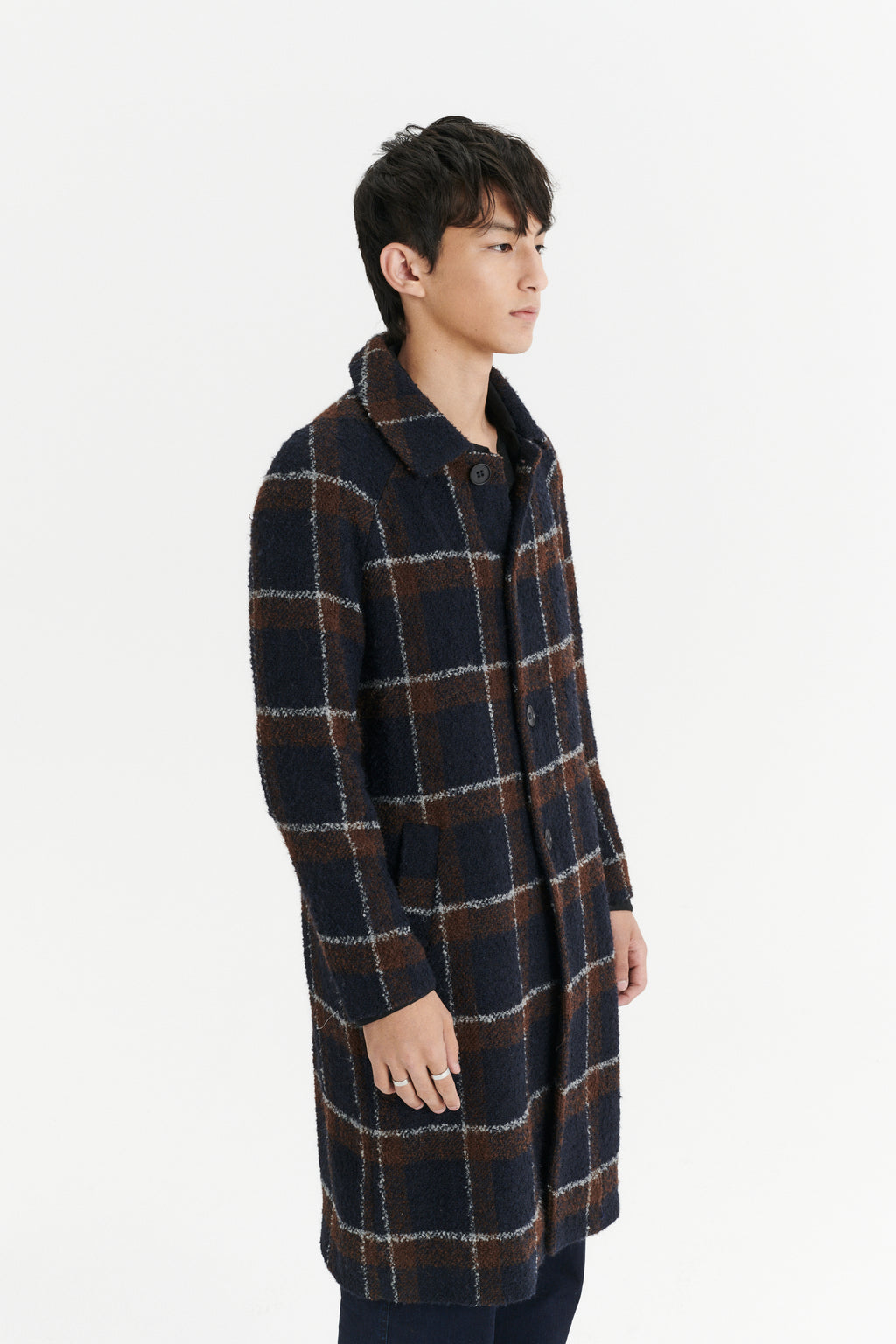 Raglan Coat in a Brown and Navy Chequered Italian Virgin and Alpaca Bouclé Wool and MEIDA Thermo Insulation