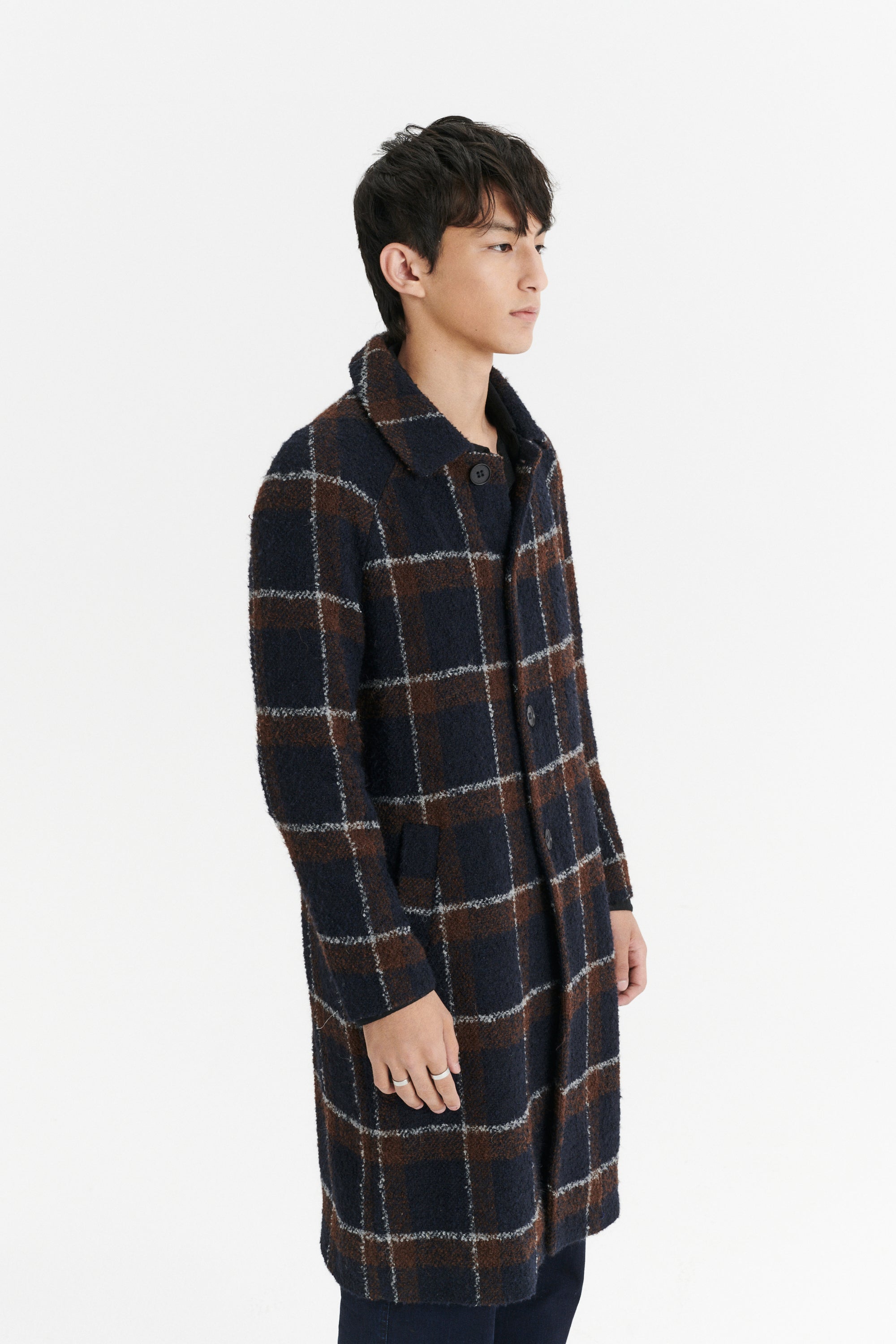 Raglan Coat in a Brown and Navy Chequered Italian Virgin and Alpaca Bouclé Wool and MEIDA Thermo Insulation