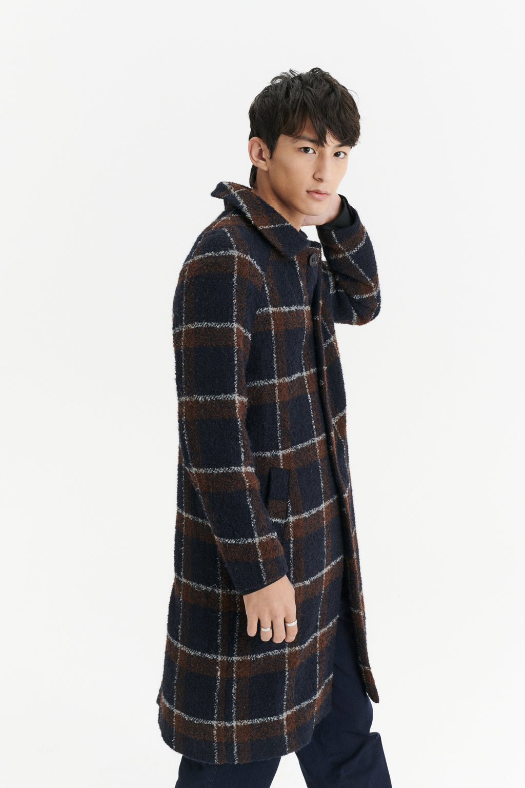 Raglan Coat in a Brown and Navy Chequered Italian Virgin and Alpaca Bouclé Wool and MEIDA Thermo Insulation