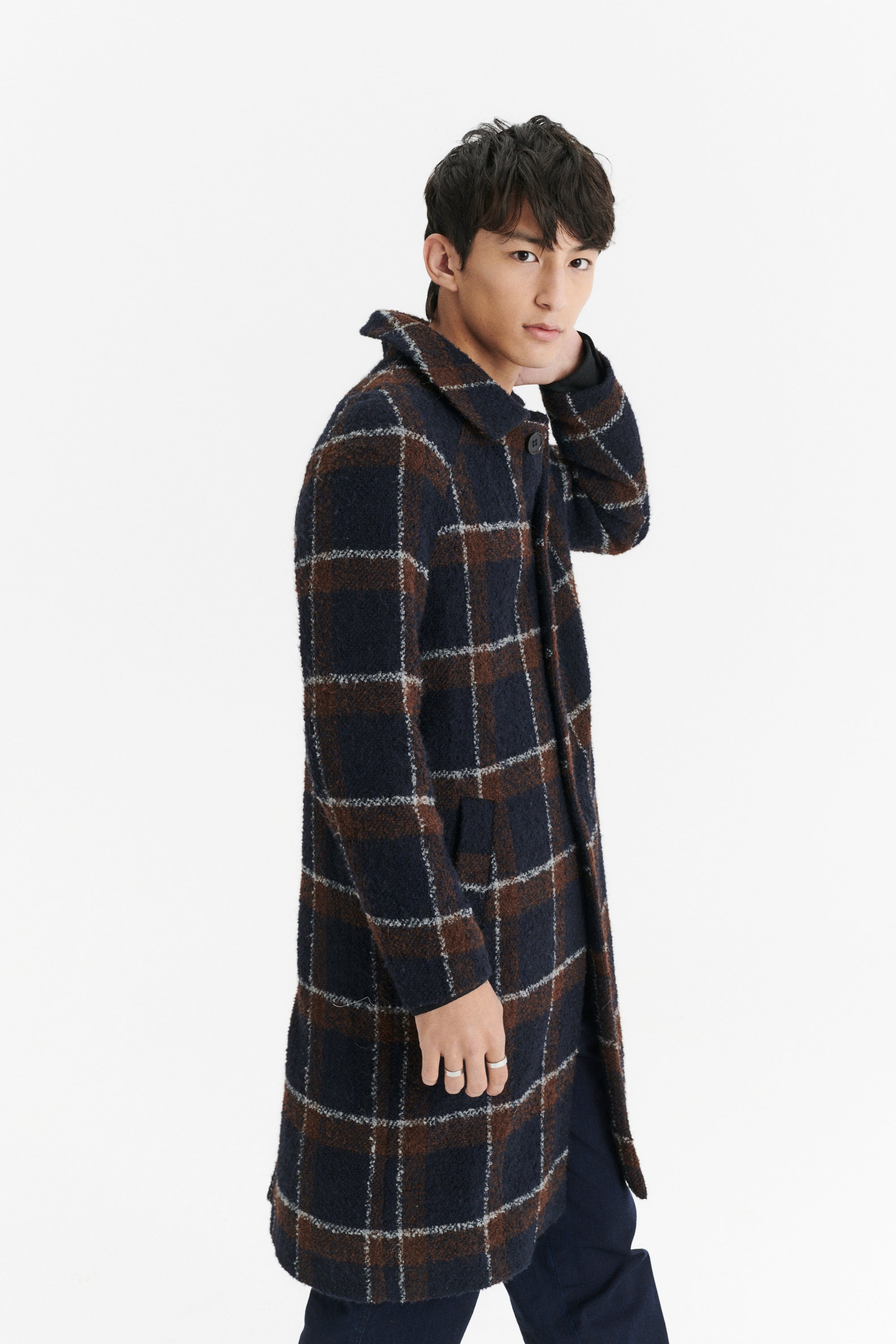 Raglan Coat in a Brown and Navy Chequered Italian Virgin and Alpaca Bouclé Wool and MEIDA Thermo Insulation