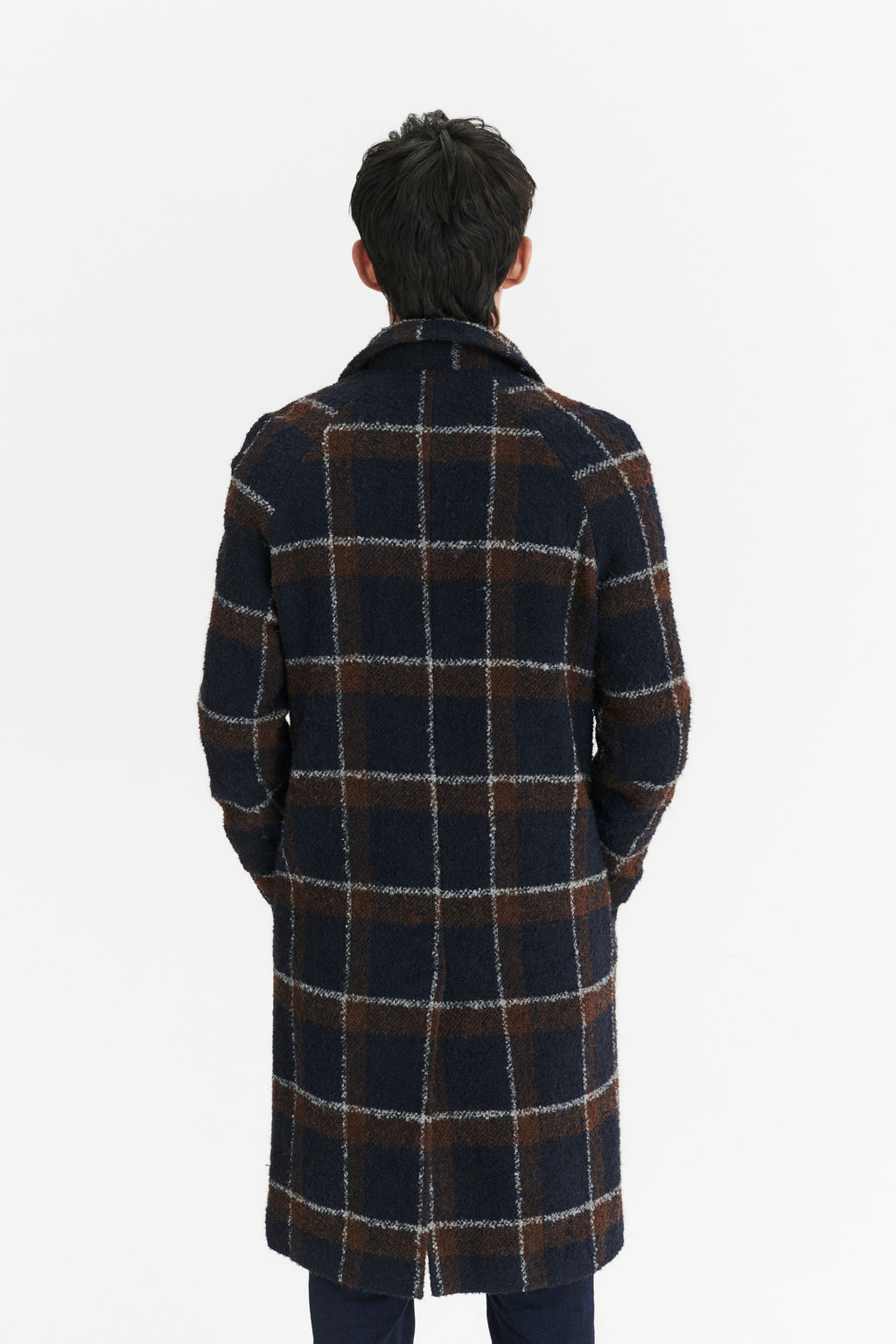 Raglan Coat in a Brown and Navy Chequered Italian Virgin and Alpaca Bouclé Wool and MEIDA Thermo Insulation
