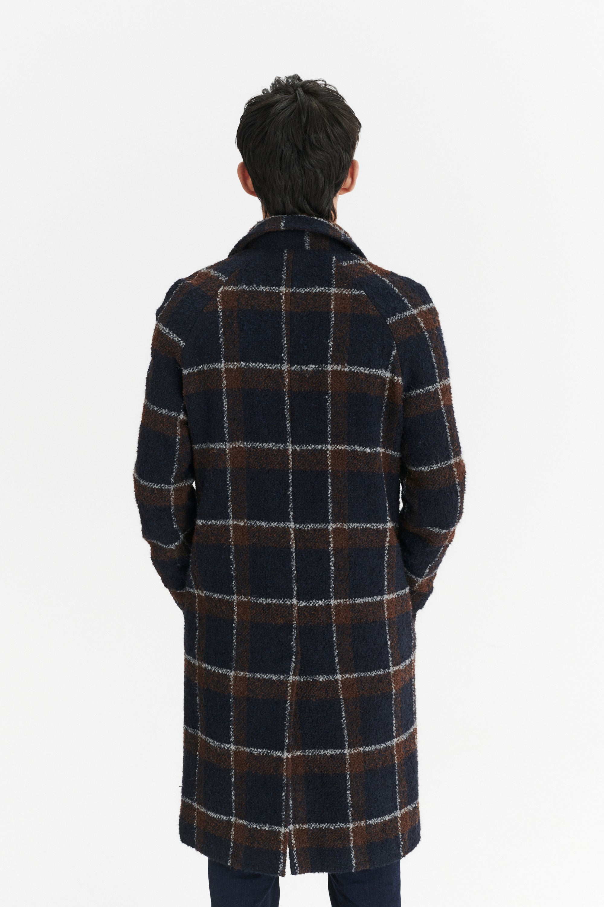 Raglan Coat in a Brown and Navy Chequered Italian Virgin and Alpaca Bouclé Wool and MEIDA Thermo Insulation