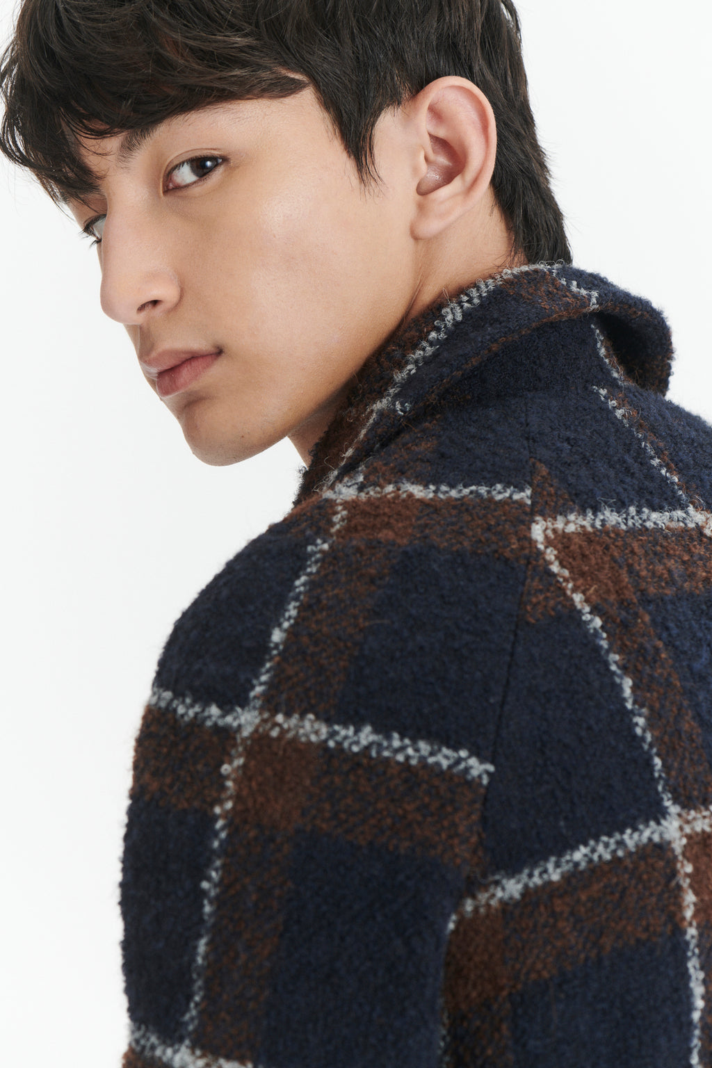 Raglan Coat in a Brown and Navy Chequered Italian Virgin and Alpaca Bouclé Wool and MEIDA Thermo Insulation