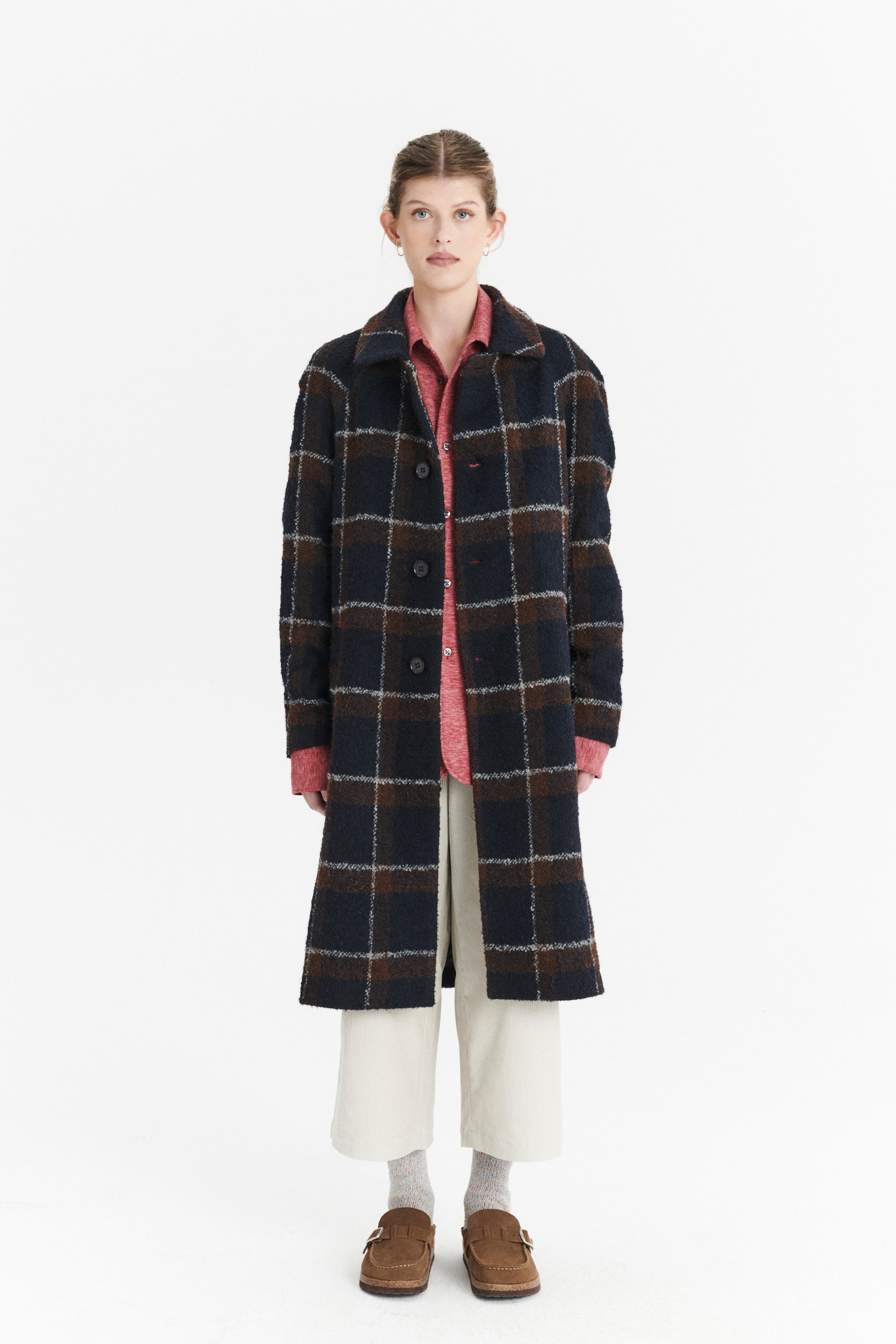 Raglan Coat in a Brown and Navy Chequered Italian Virgin and Alpaca  Bouclé Wool and Meida Thermo Insulation