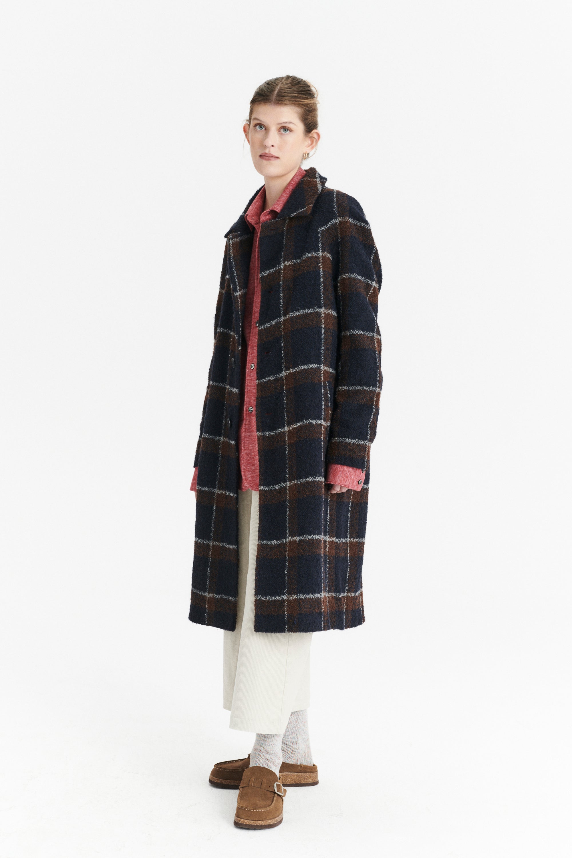 Raglan Coat in a Brown and Navy Chequered Italian Virgin and Alpaca  Bouclé Wool and Meida Thermo Insulation