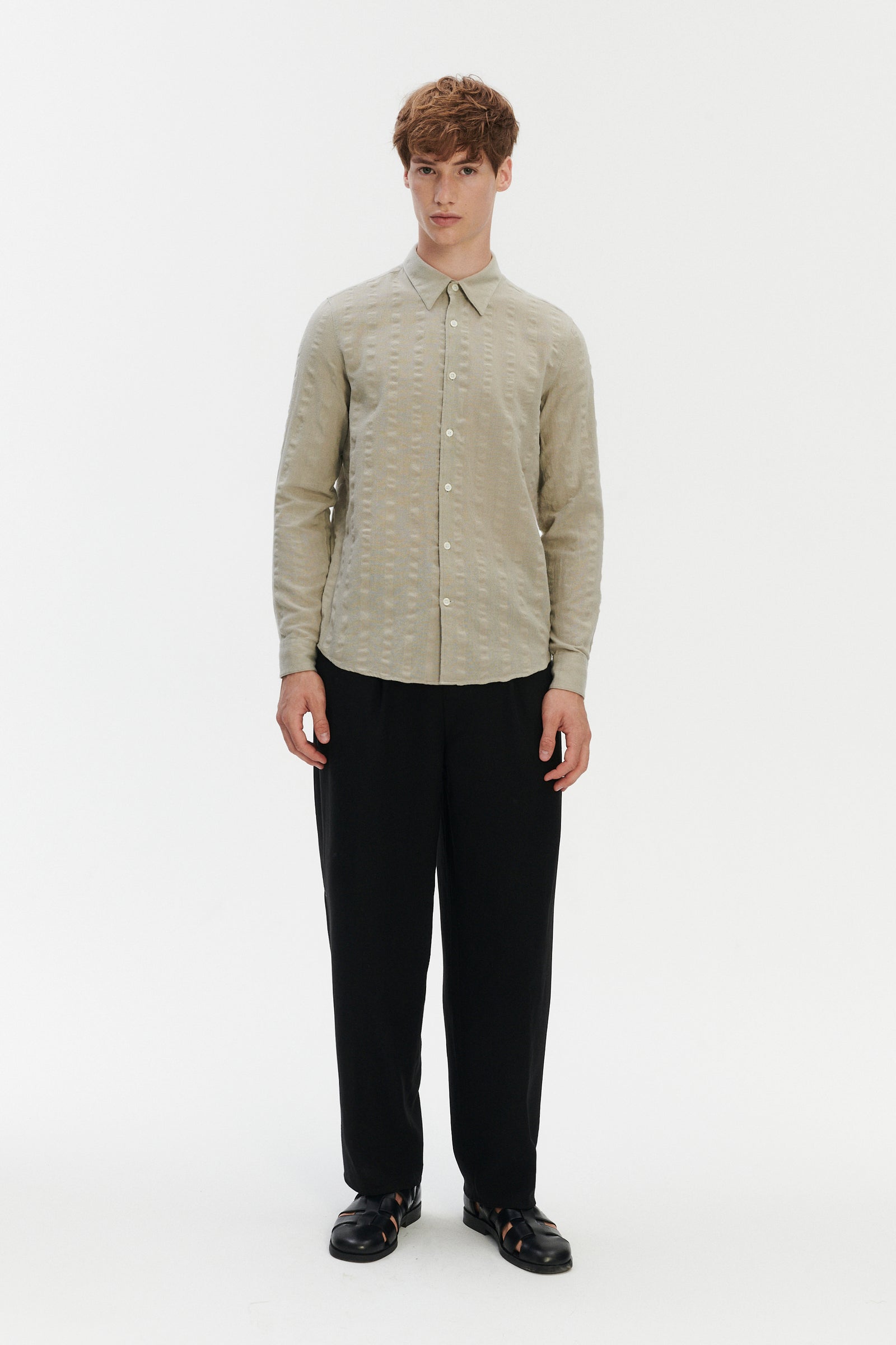 Feel Good Shirt in a Pale Sage Green Seersucker Portuguese Cotton