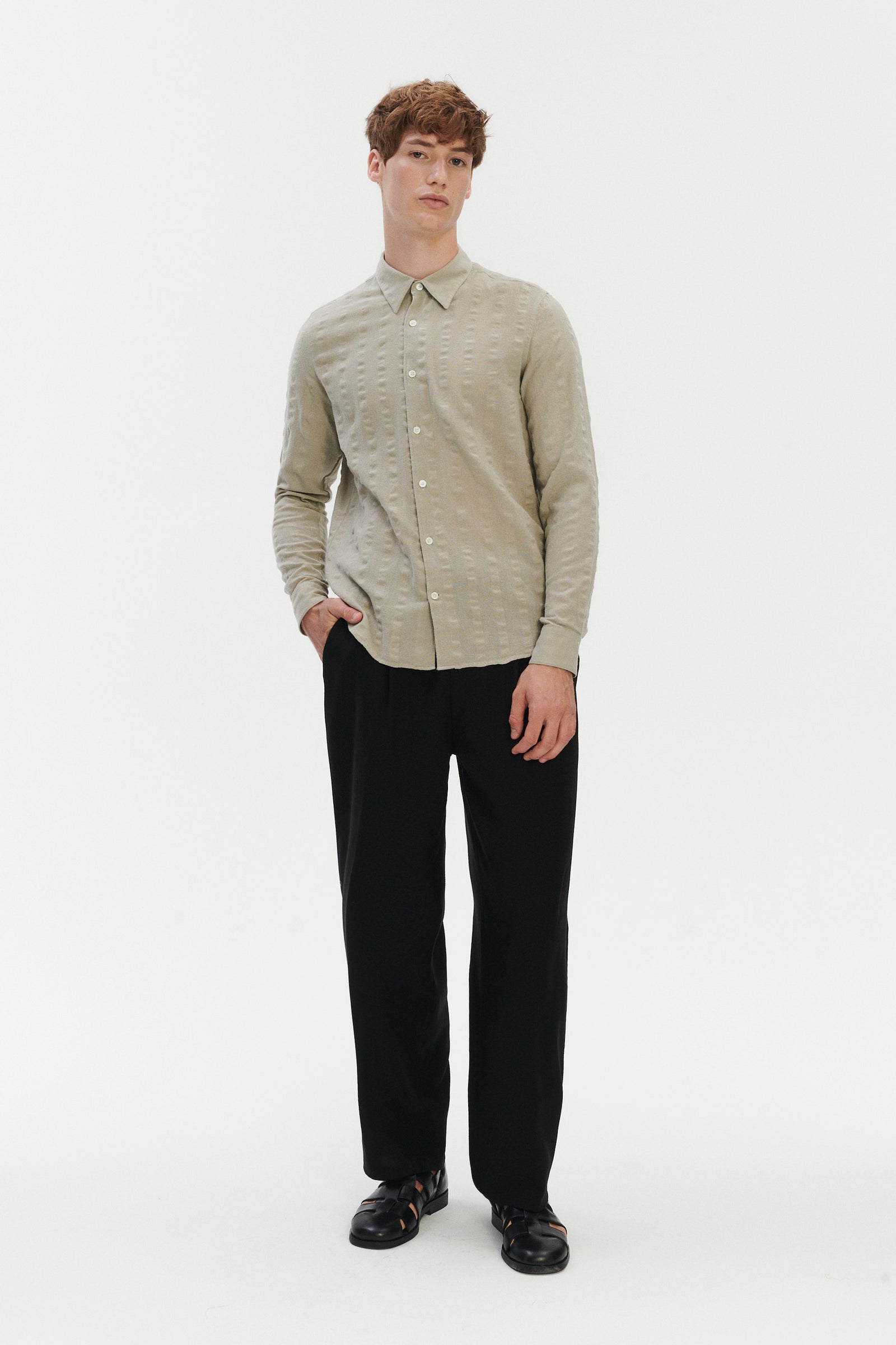 Feel Good Shirt in a Pale Sage Green Seersucker Portuguese Cotton