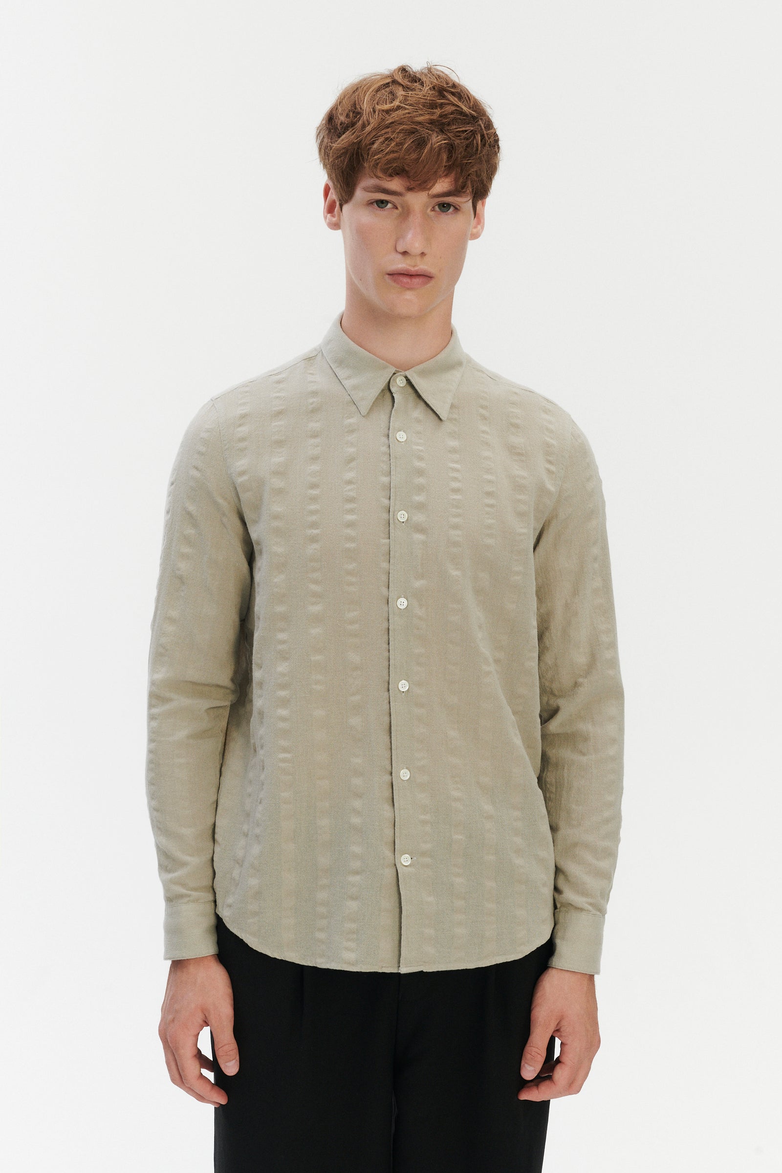 Feel Good Shirt in a Pale Sage Green Seersucker Portuguese Cotton