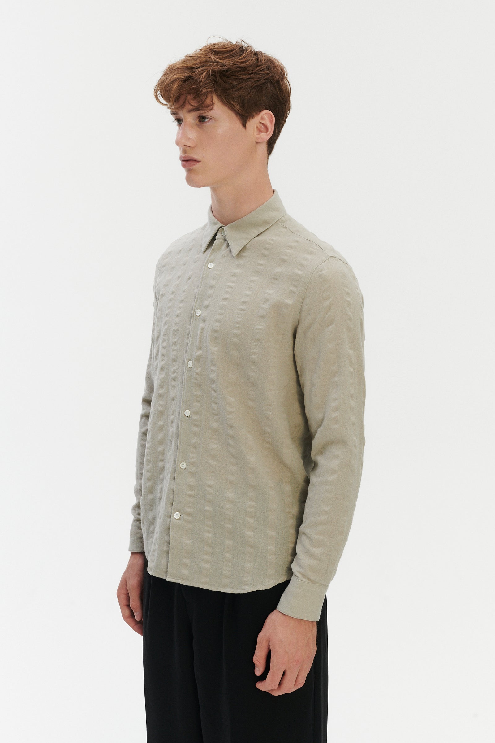 Feel Good Shirt in a Pale Sage Green Seersucker Portuguese Cotton