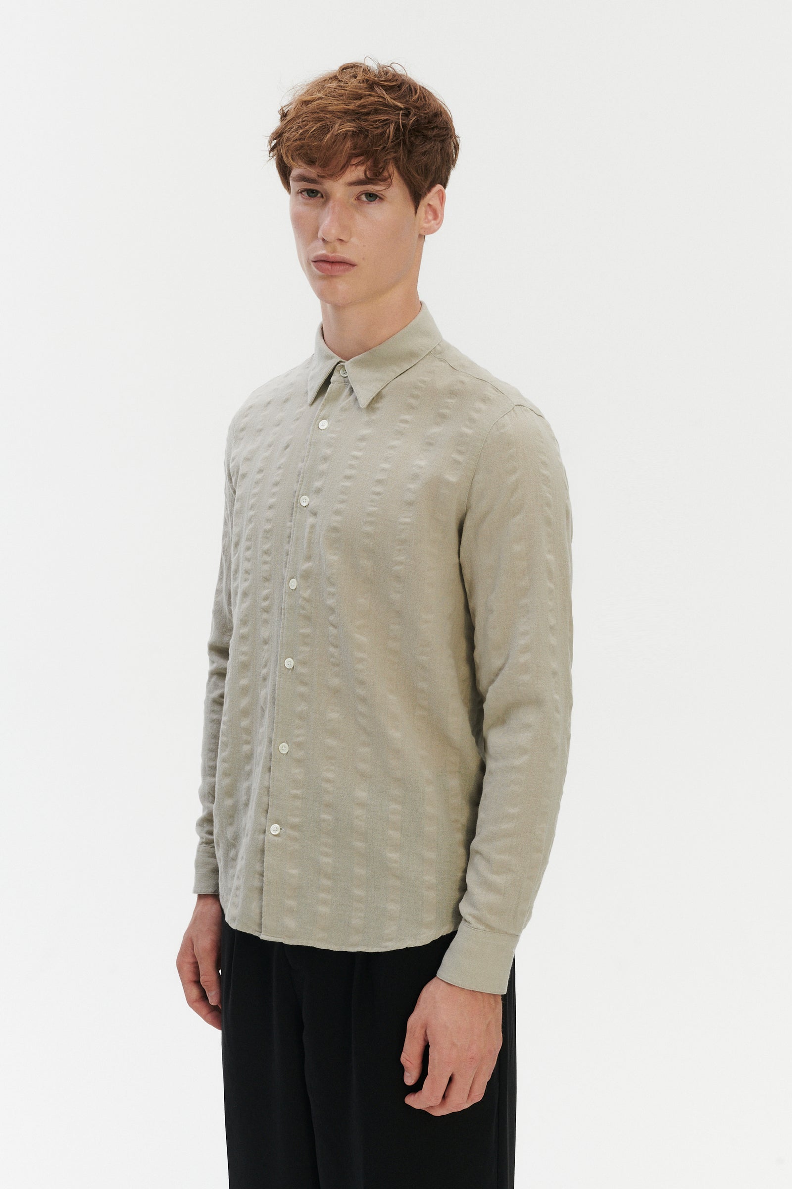 Feel Good Shirt in a Pale Sage Green Seersucker Portuguese Cotton