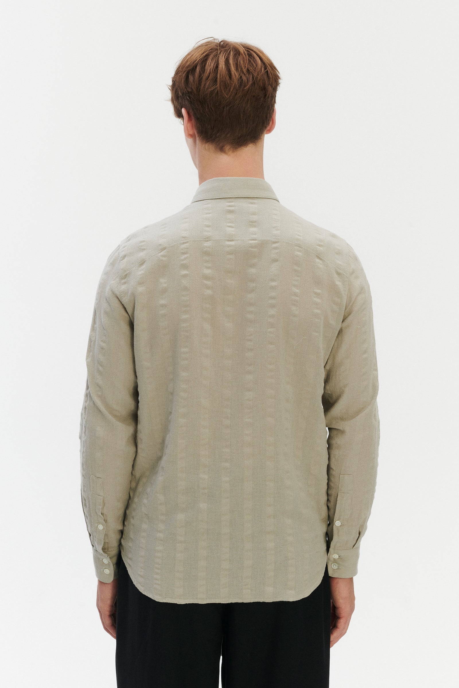 Feel Good Shirt in a Pale Sage Green Seersucker Portuguese Cotton