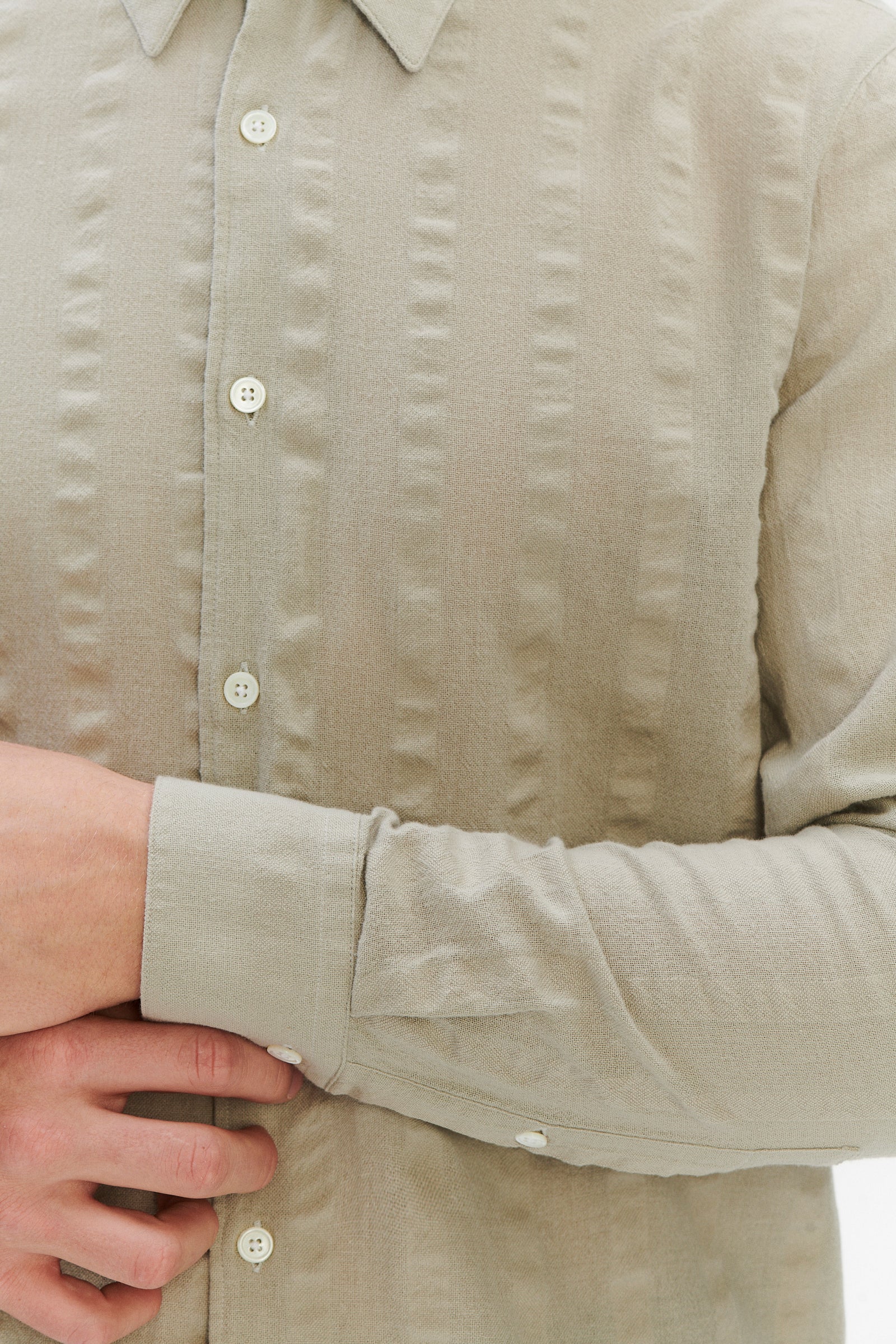 Feel Good Shirt in a Pale Sage Green Seersucker Portuguese Cotton