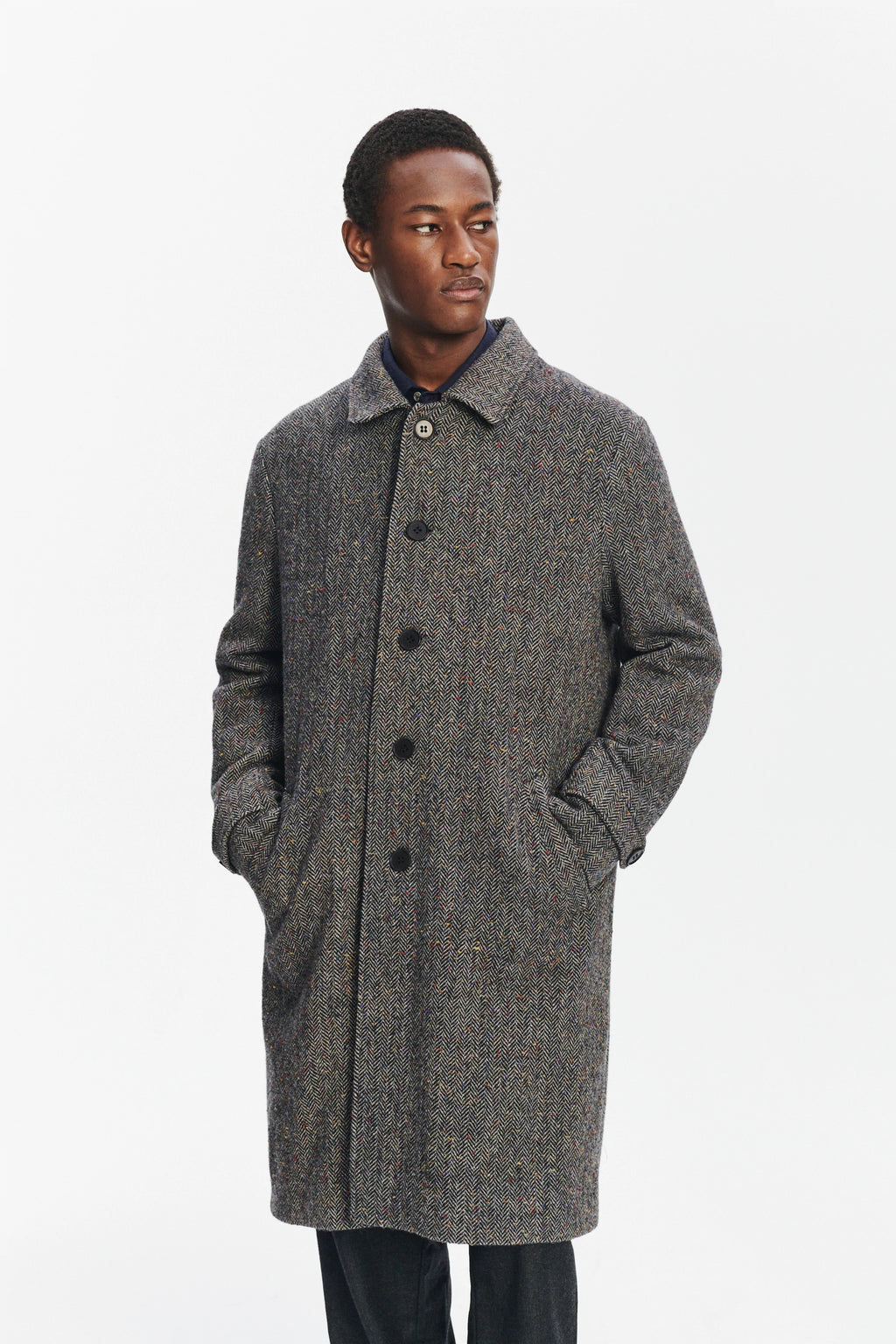 Winter Coat in a Grey and Black Italian Virgin Wool Herringbone Tweed with Meida Thermo Insulation