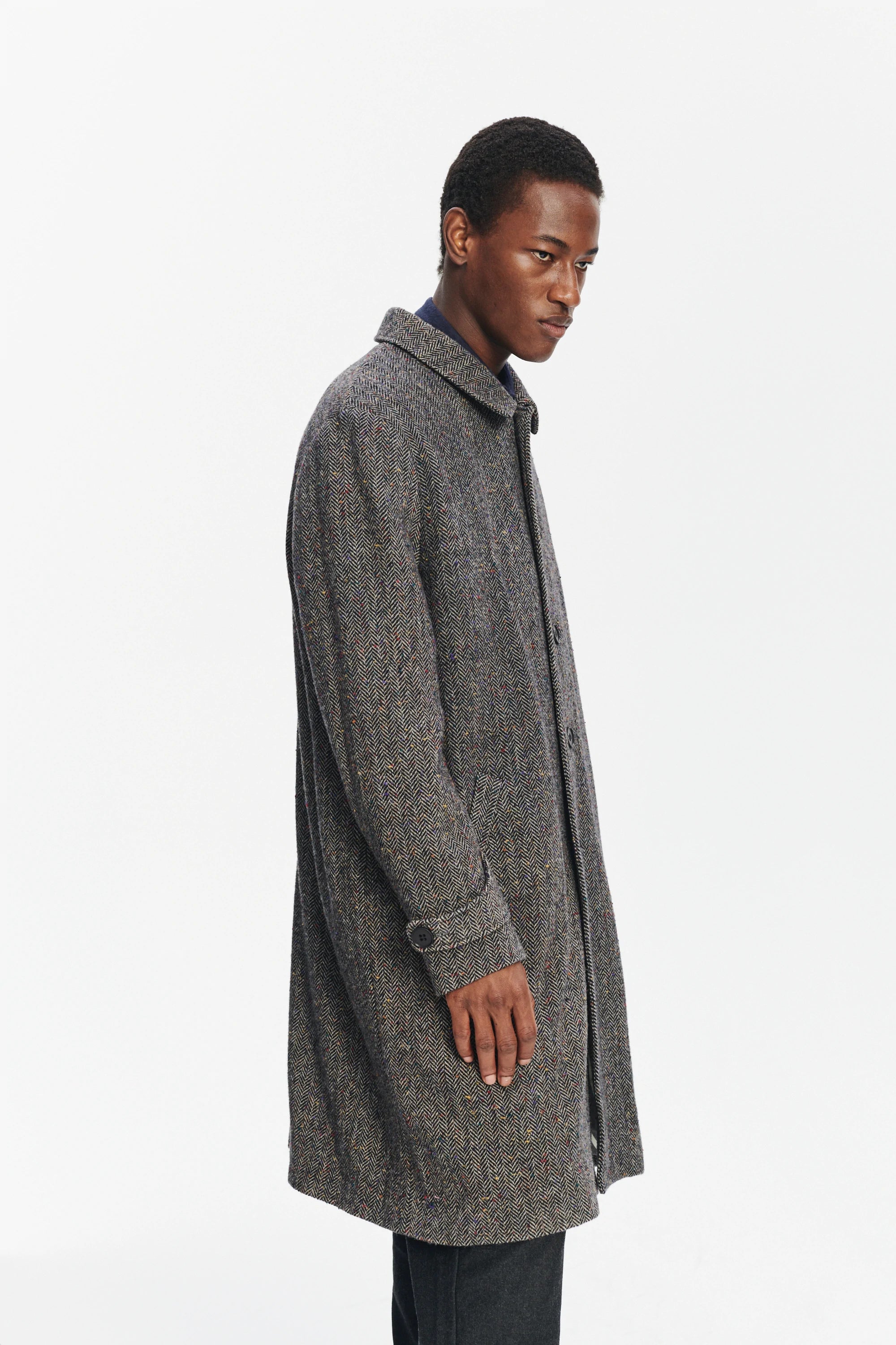 Winter Coat in a Grey and Black Italian Virgin Wool Herringbone Tweed with Meida Thermo Insulation