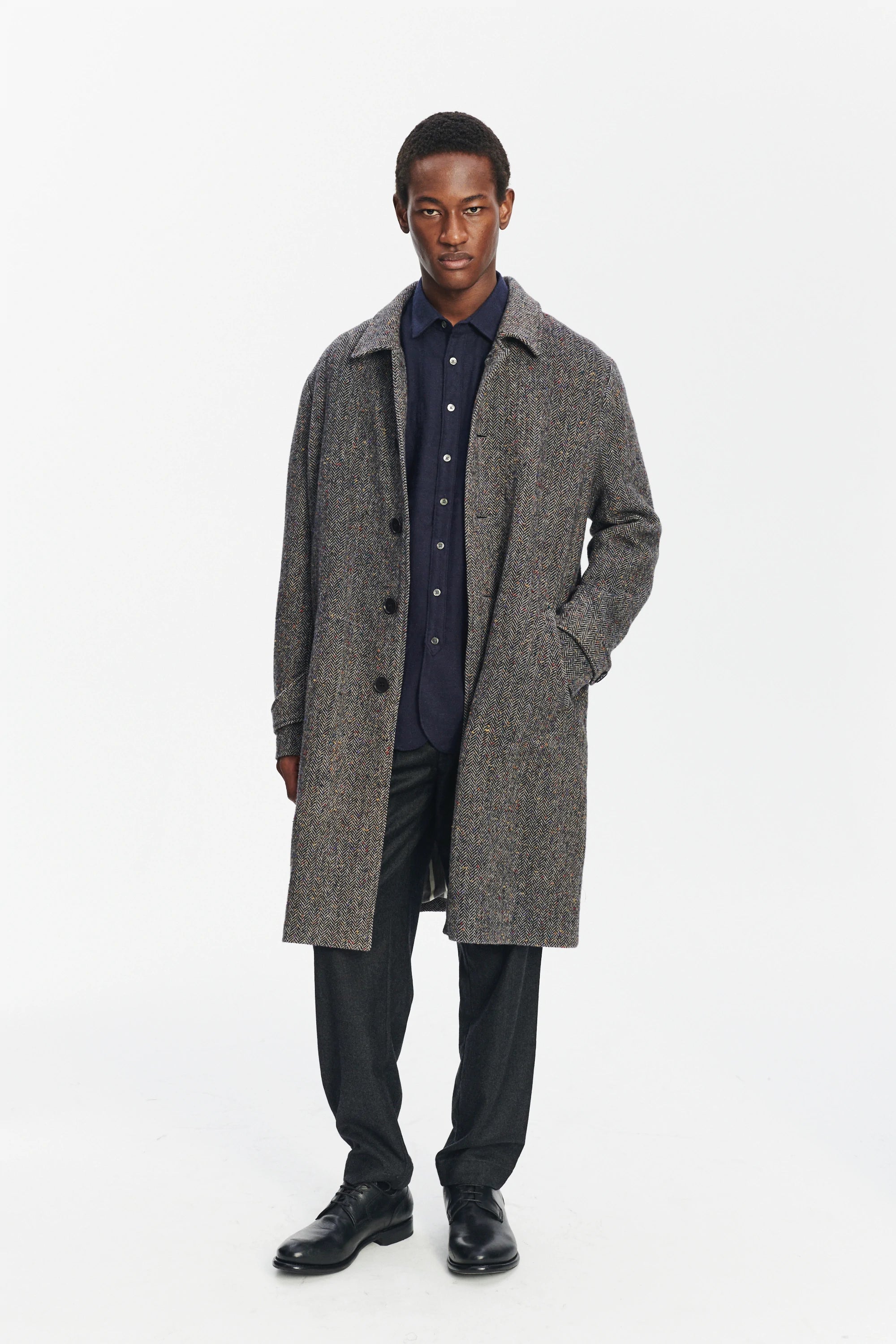 Winter Coat in a Grey and Black Italian Virgin Wool Herringbone Tweed with Meida Thermo Insulation