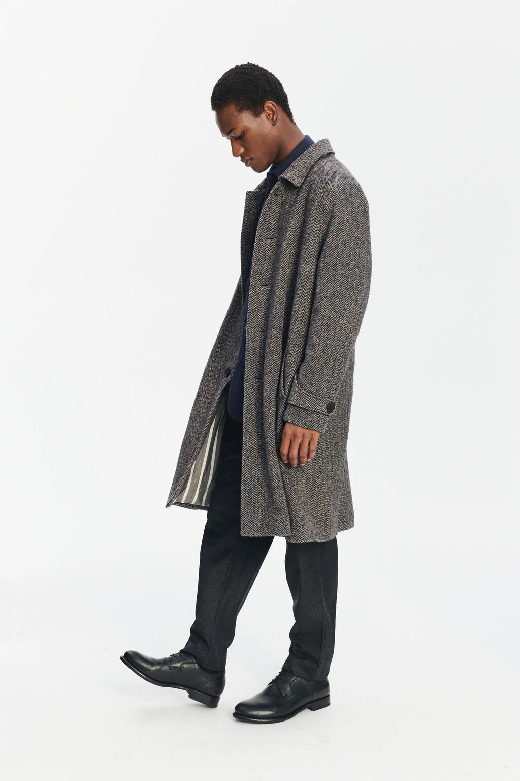 Winter Coat in a Grey and Black Italian Virgin Wool Herringbone Tweed with Meida Thermo Insulation